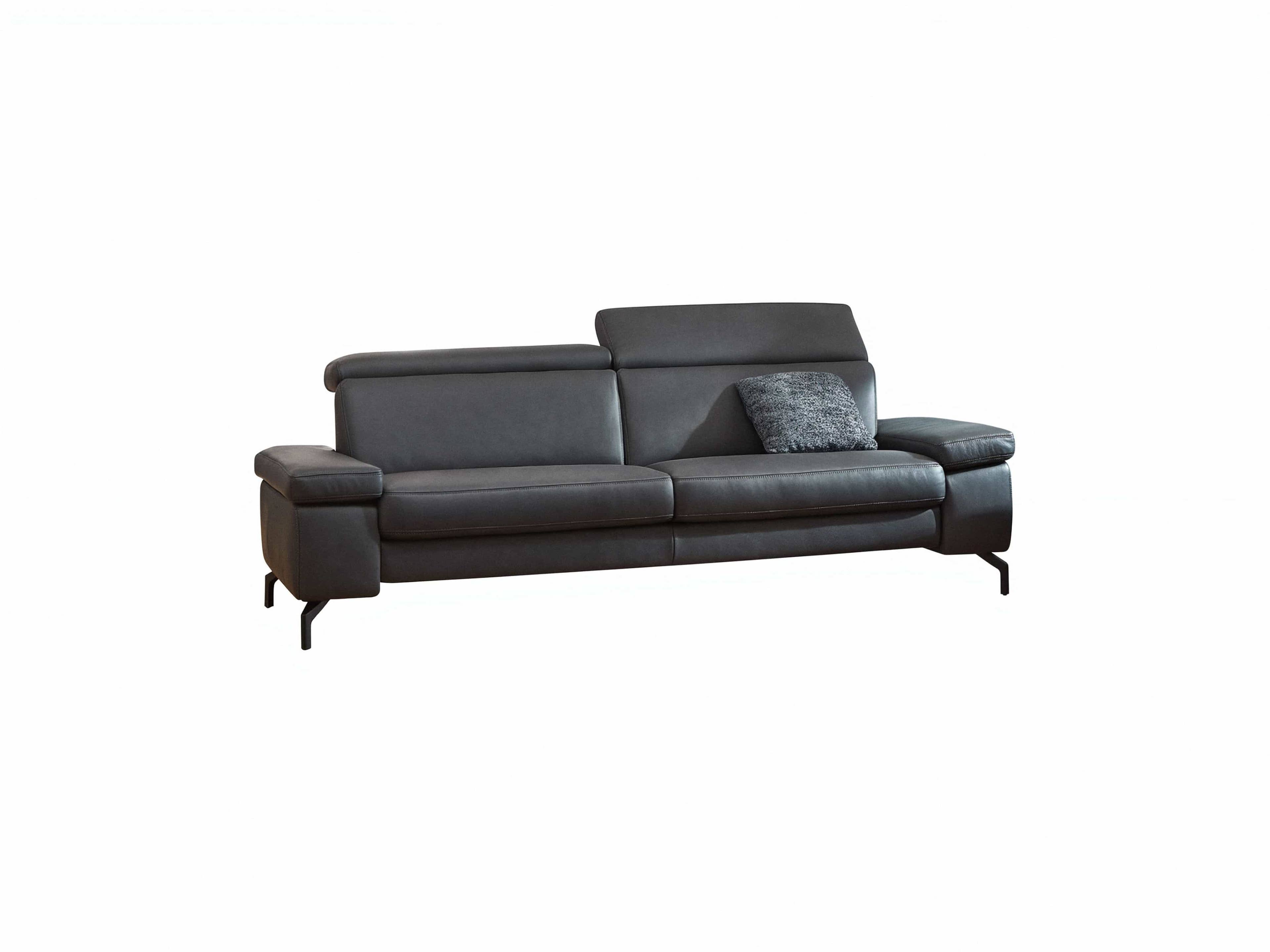 3-Sitzer Ledersofa Livorno in Dunkelgrau mit verstellbaren Kopfstützen und schwarzen Metallfüßen