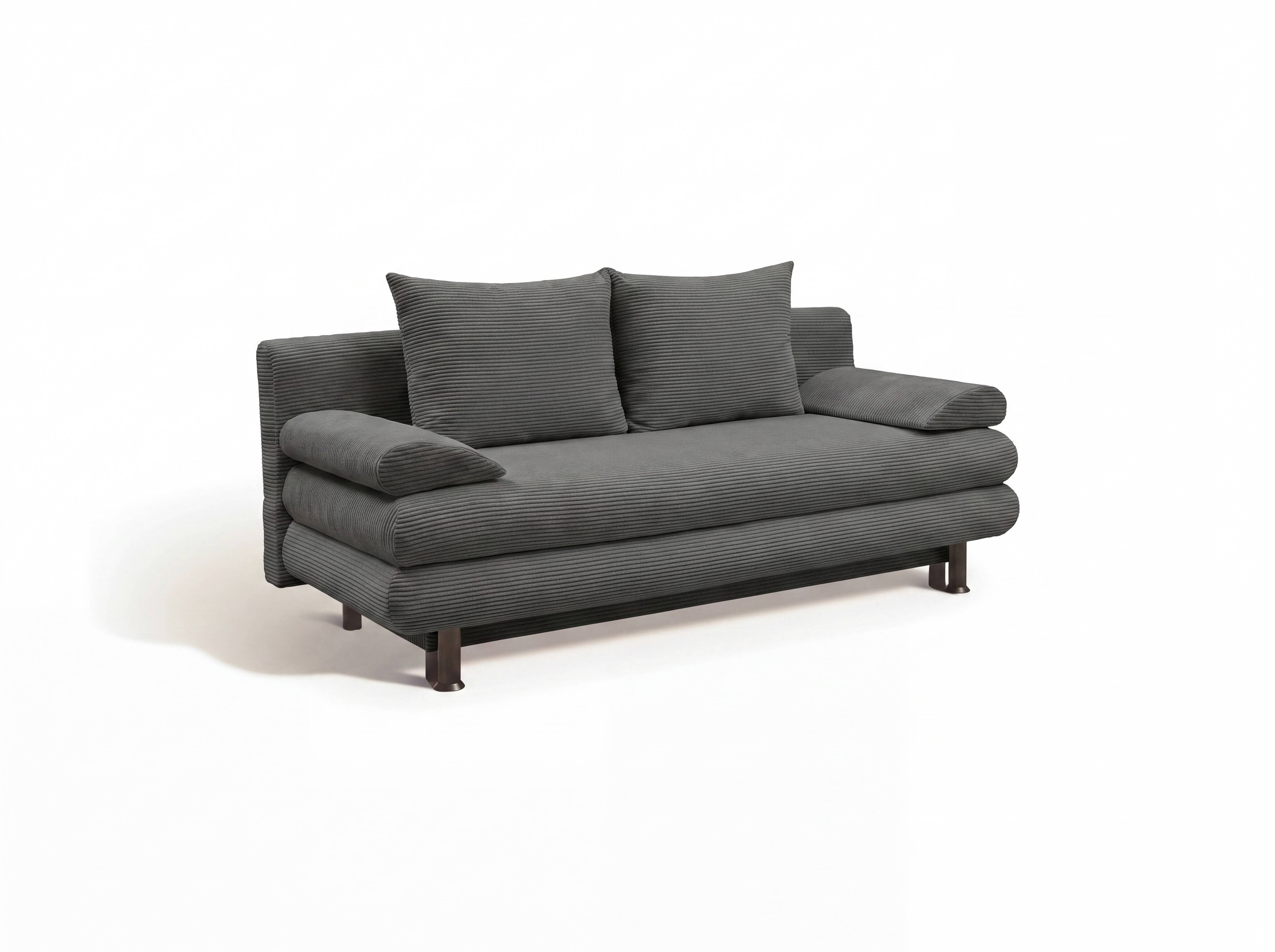 3-Sitzer Sofa Juna mit Cordbezug in Dunkelgrau, Armlehnen, zwei Rückenkissen, dunkle Füße