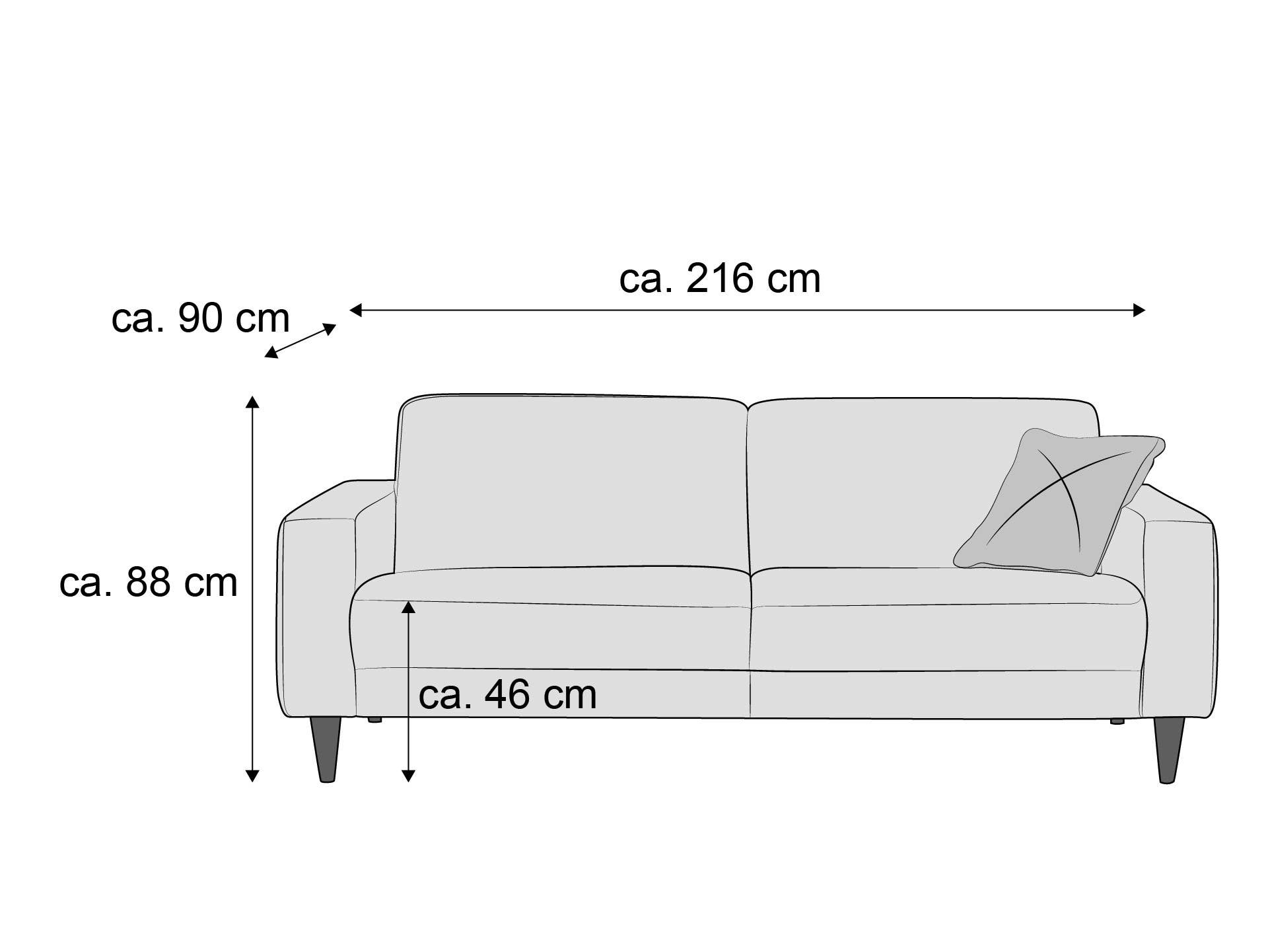 2-Sitzer Sofa mit Armlehnen, helle Polsterung, ein Zierkissen rechts, schwarze schräg gestellte Füße