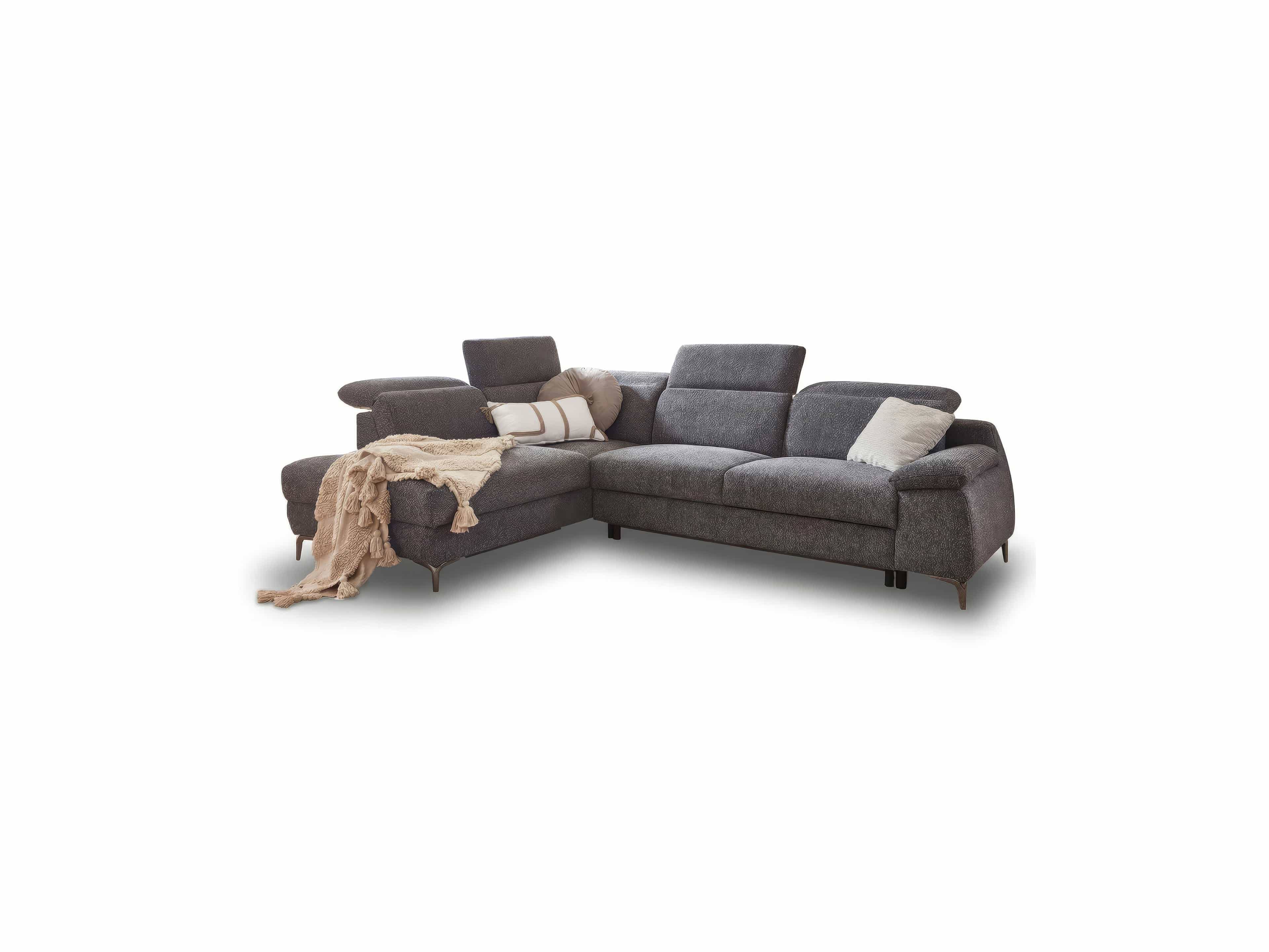 Ecksofa Kabs Polsterwelt in L-Form, Bezug aus grauem Stoff, breite Armlehnen, verstellbare Kopfteile