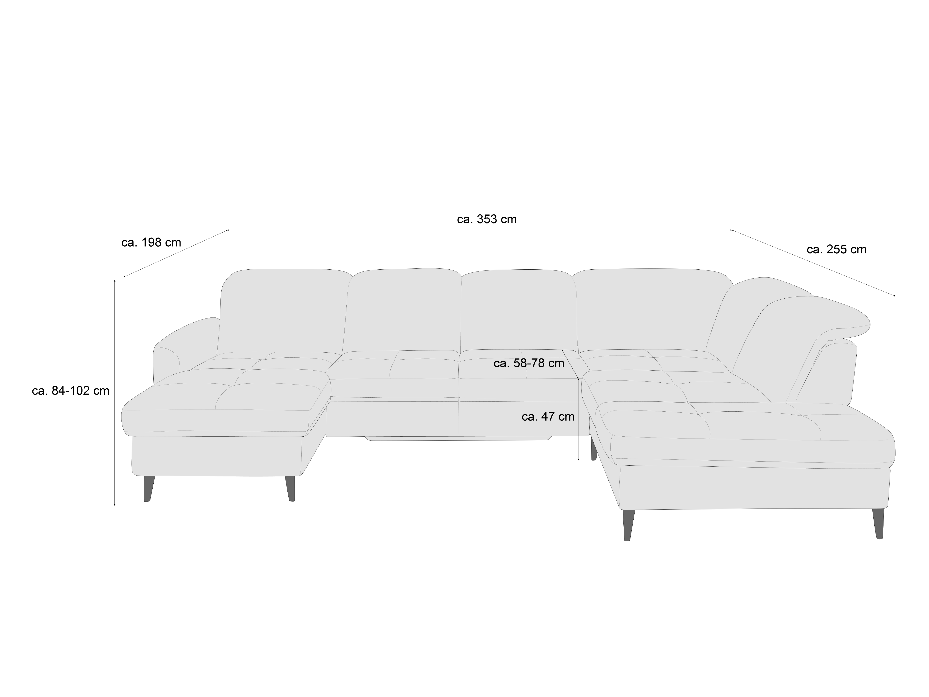 Ecksofa mit Stoffbezug, links Armlehne, gepolsterte Rückenlehnen, sichtbare Füße, auf Maßskizze