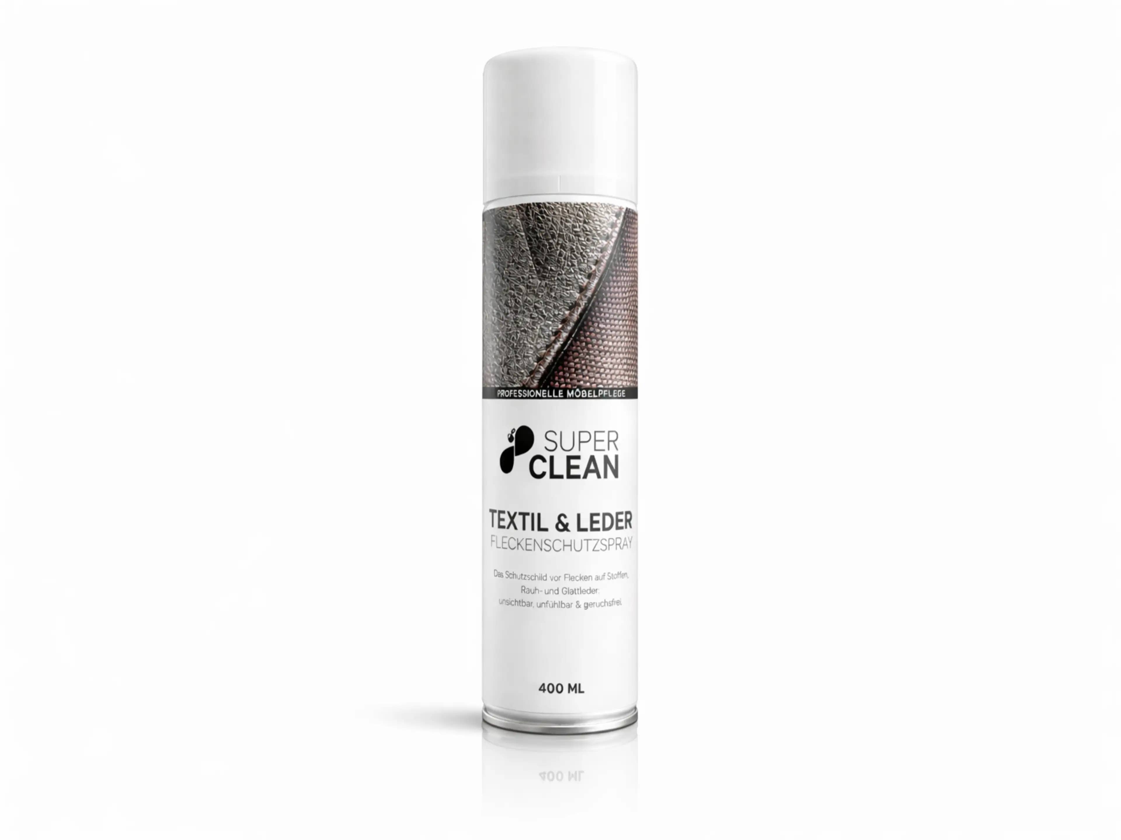 Polsterreiniger Fleckenschutzspray 400ml – Sprayflasche mit weißem Deckel und bedrucktem Etikett