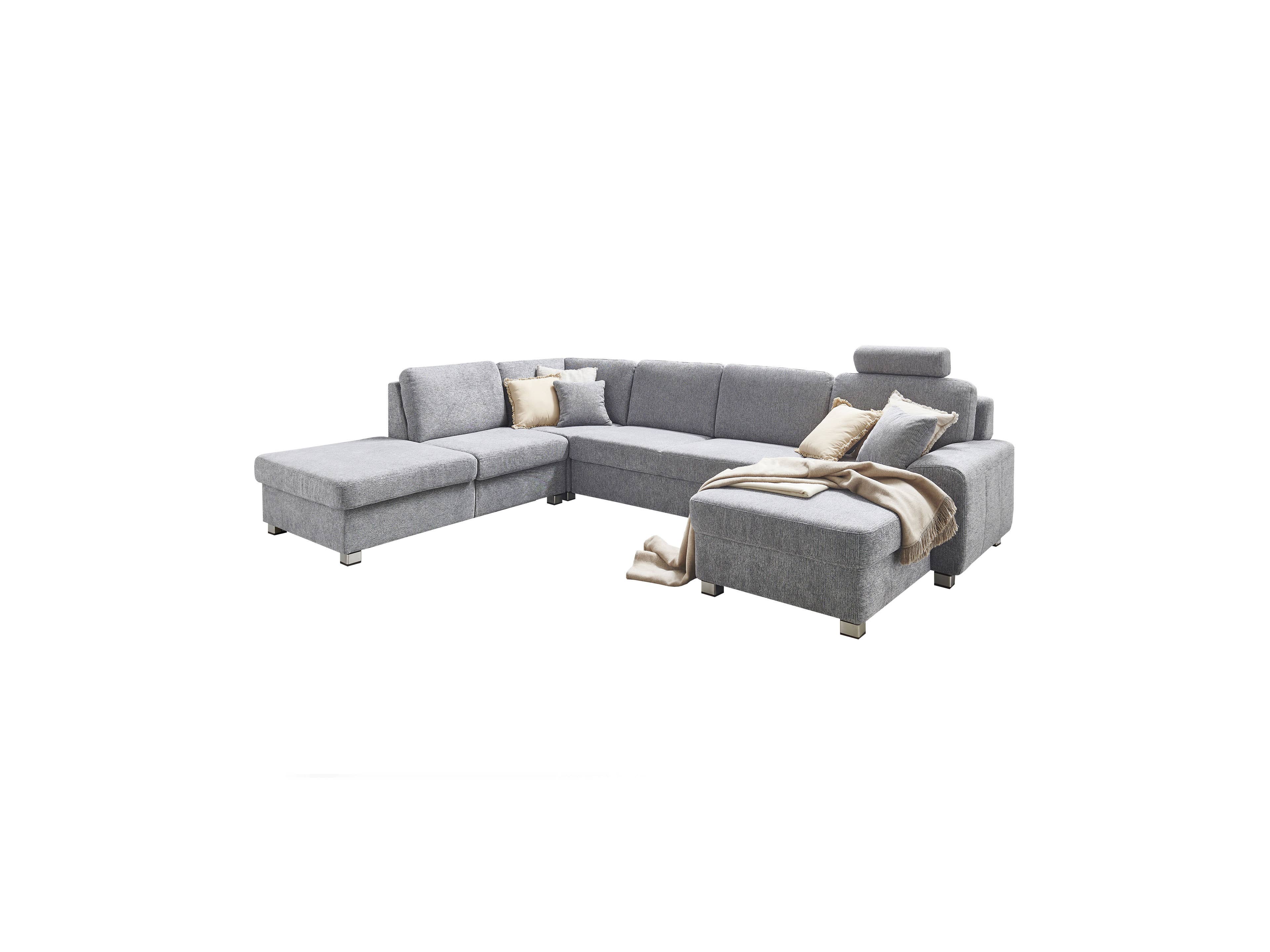 Ecksofa Kabs Polsterwelt mit grauem Stoffbezug, verstellbarer Kopfstütze und Metallfüßen