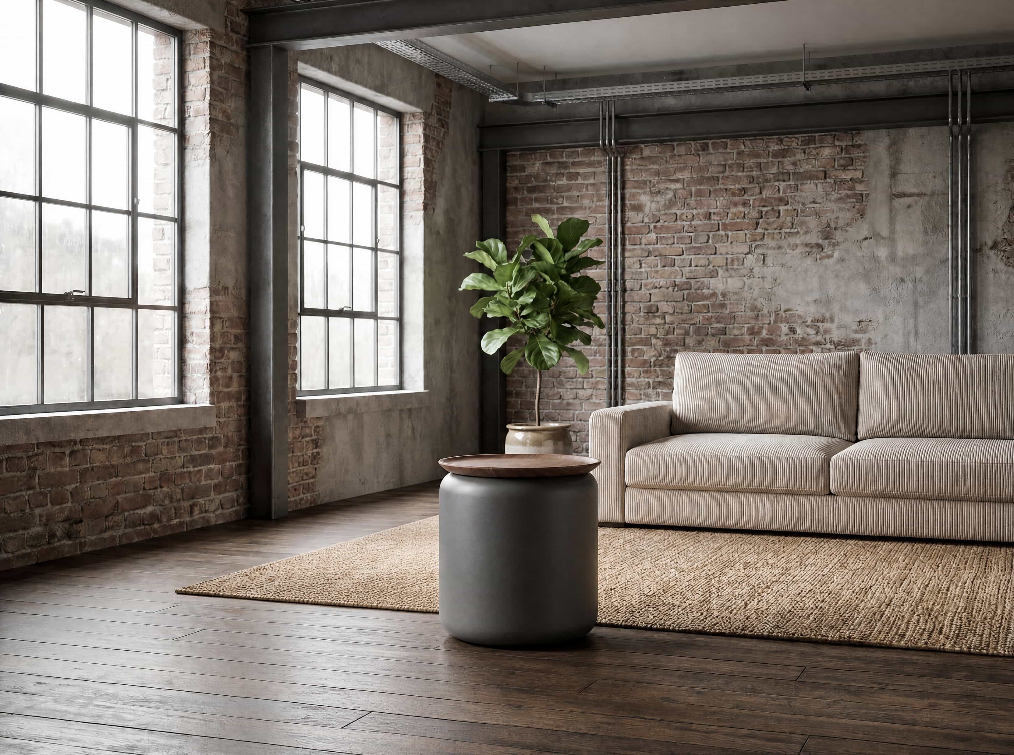 3-Sitzer Sofa mit beigem Cordbezug, geradlinigen Armlehnen und gepolsterter Rückenlehne