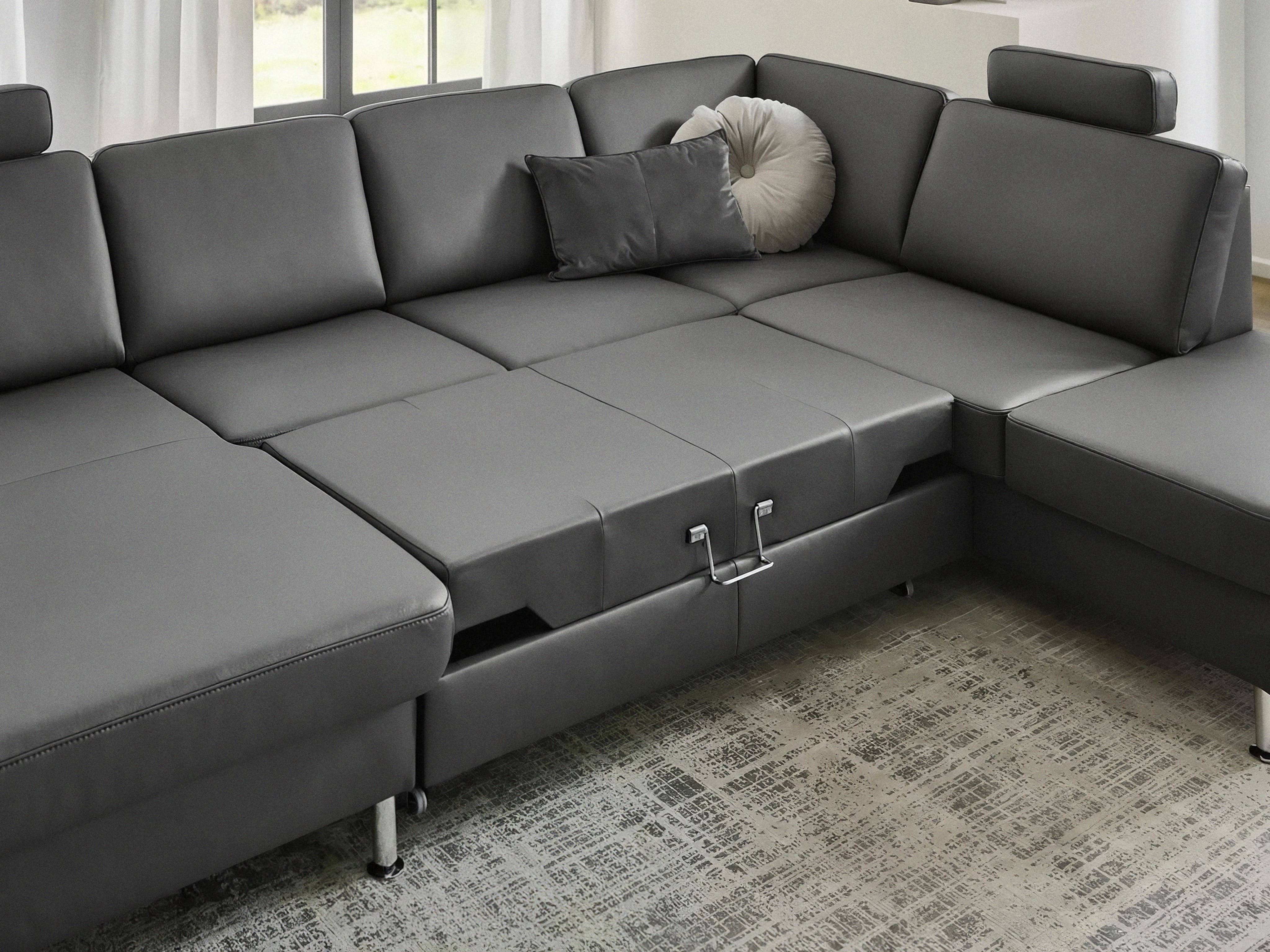 Ecksofa Livorno mit dunkelgrauem Lederbezug, verstellbaren Kopfstützen und sichtbaren Metallfüßen
