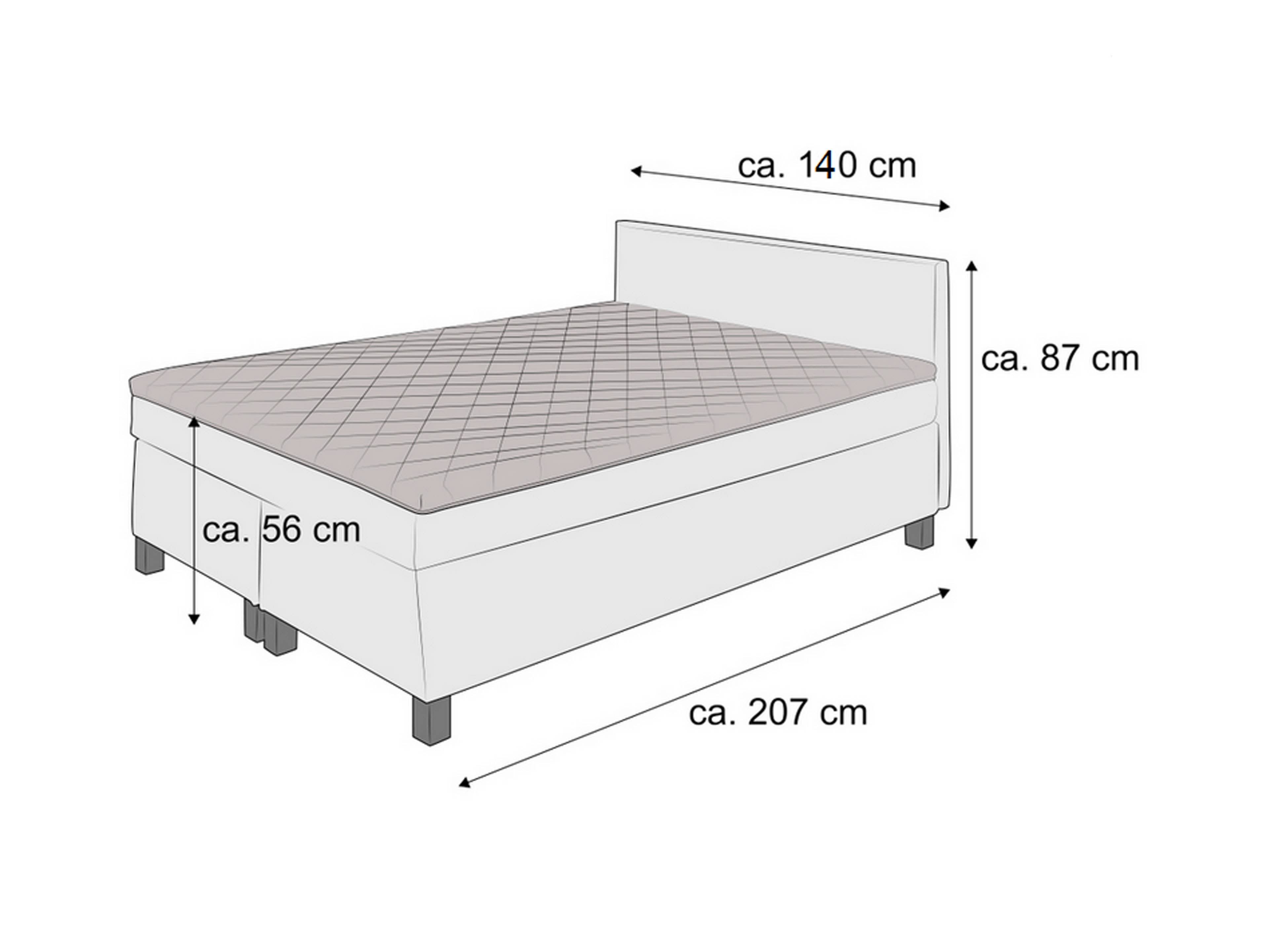 Boxspringbett mit gepolstertem Kopfteil, hellgrauer Oberfläche und schwarzen Füßen, Maße eingezeichnet