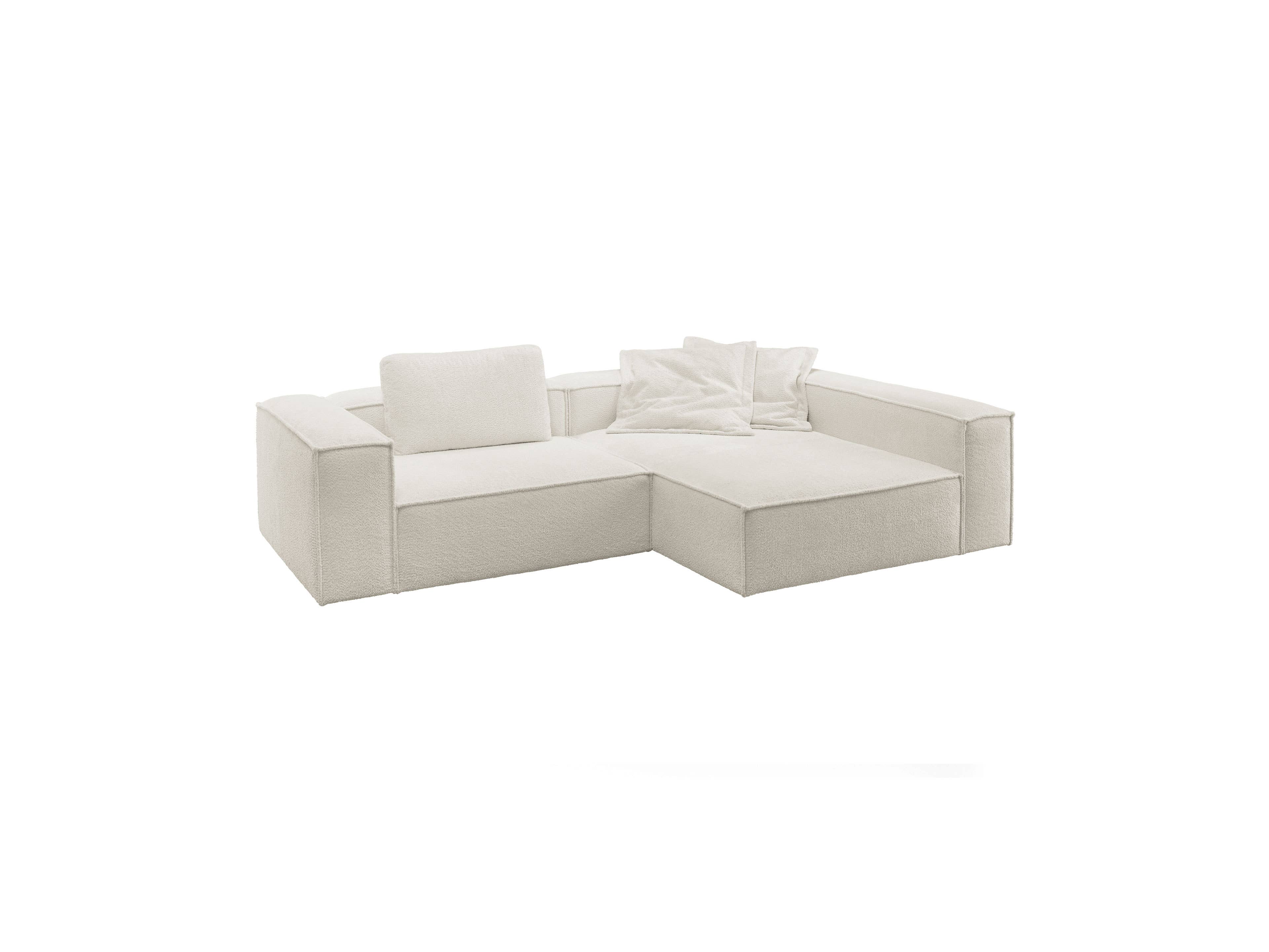 Ecksofa Rocco mit breiten Armlehnen, hellbeiger Stoffbezug, gepolsterte Sitz- und Rückenfläche