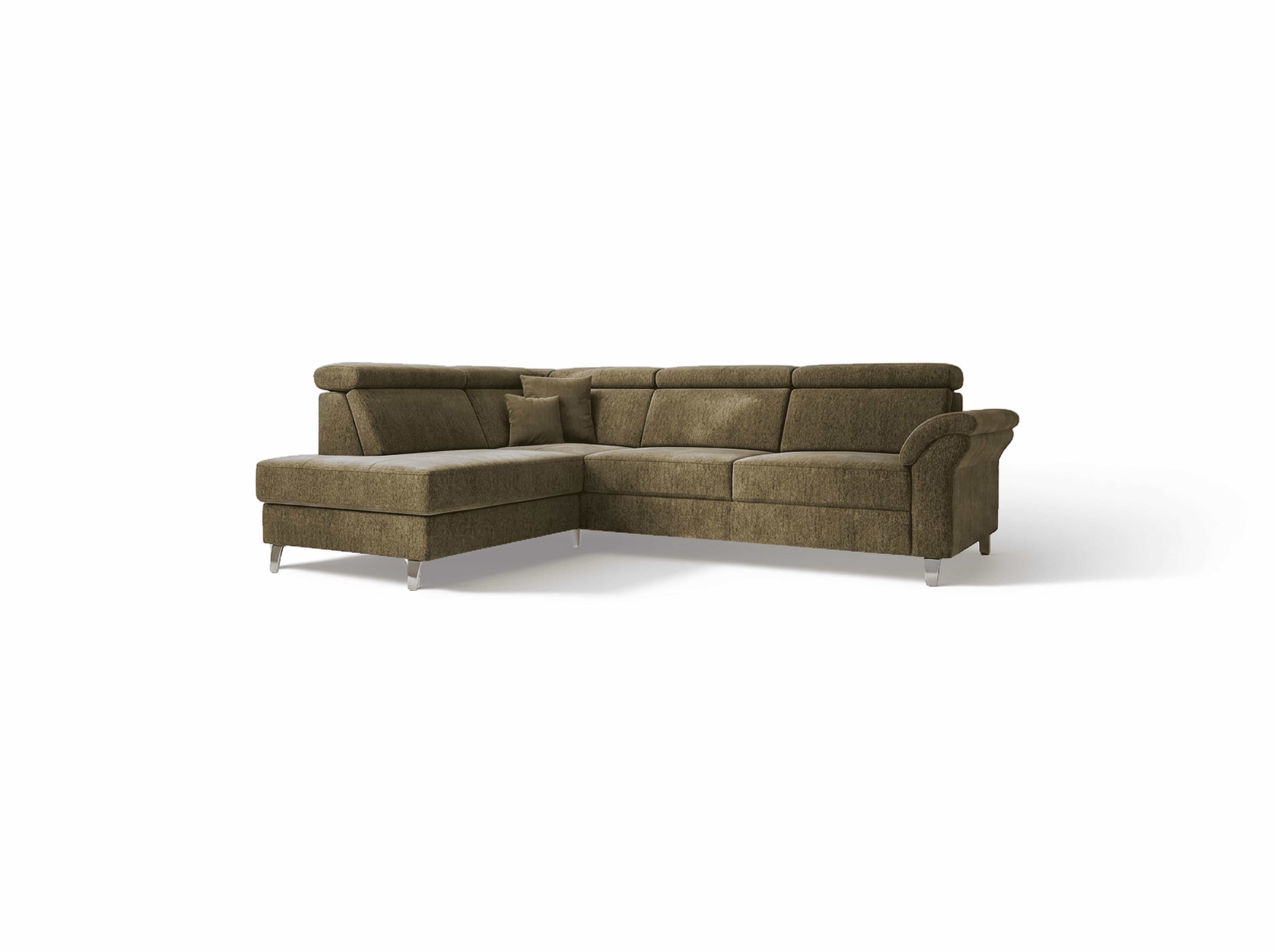 Ecksofa Kabs mit braunem Stoffbezug, verstellbaren Kopfstützen, Armlehnen und Metallfüßen