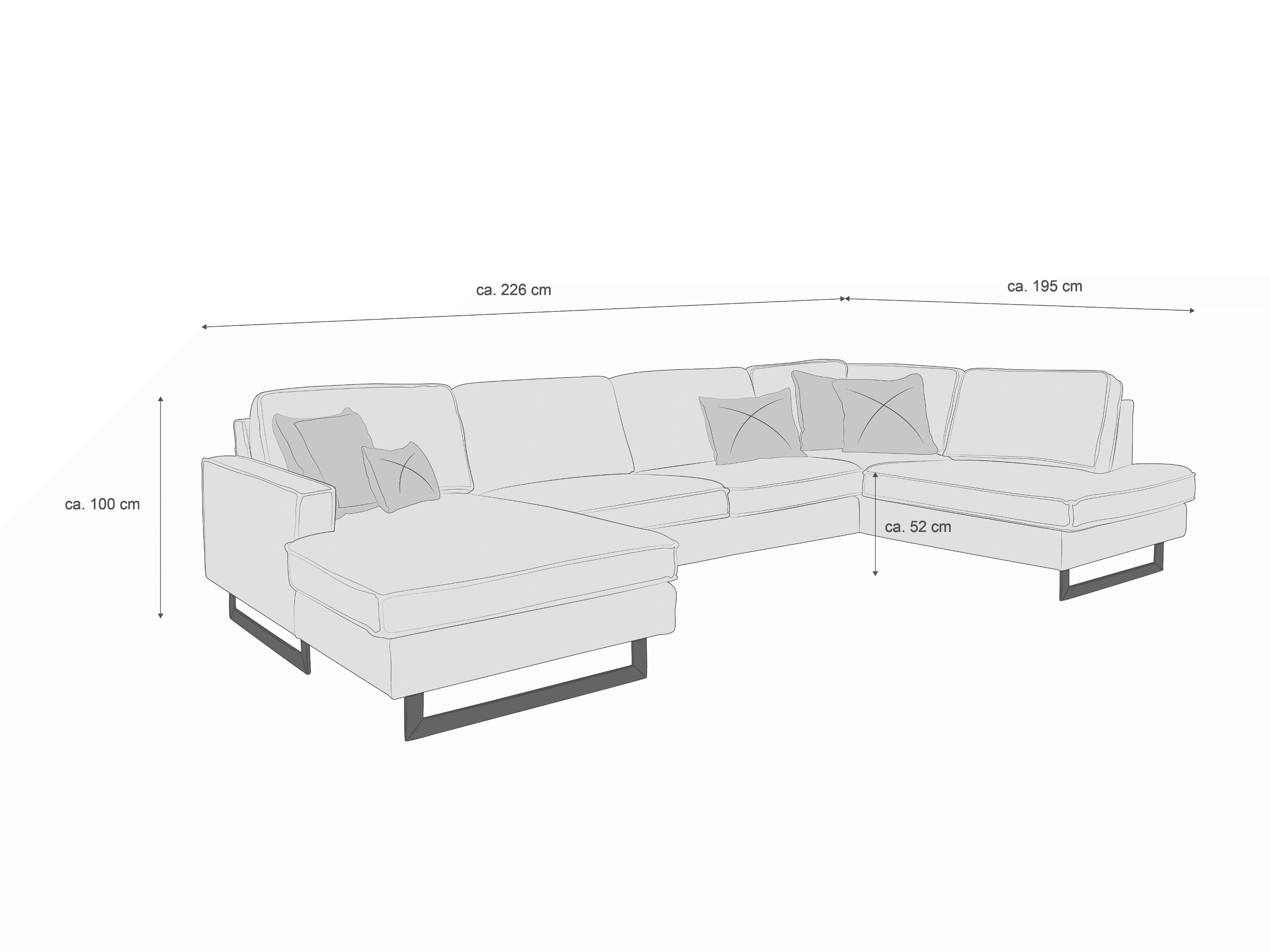 Ecksofa mit Stoffbezug, rechter Schenkel, Armlehne links, drei Rückenkissen, rechteckige Metallfüße