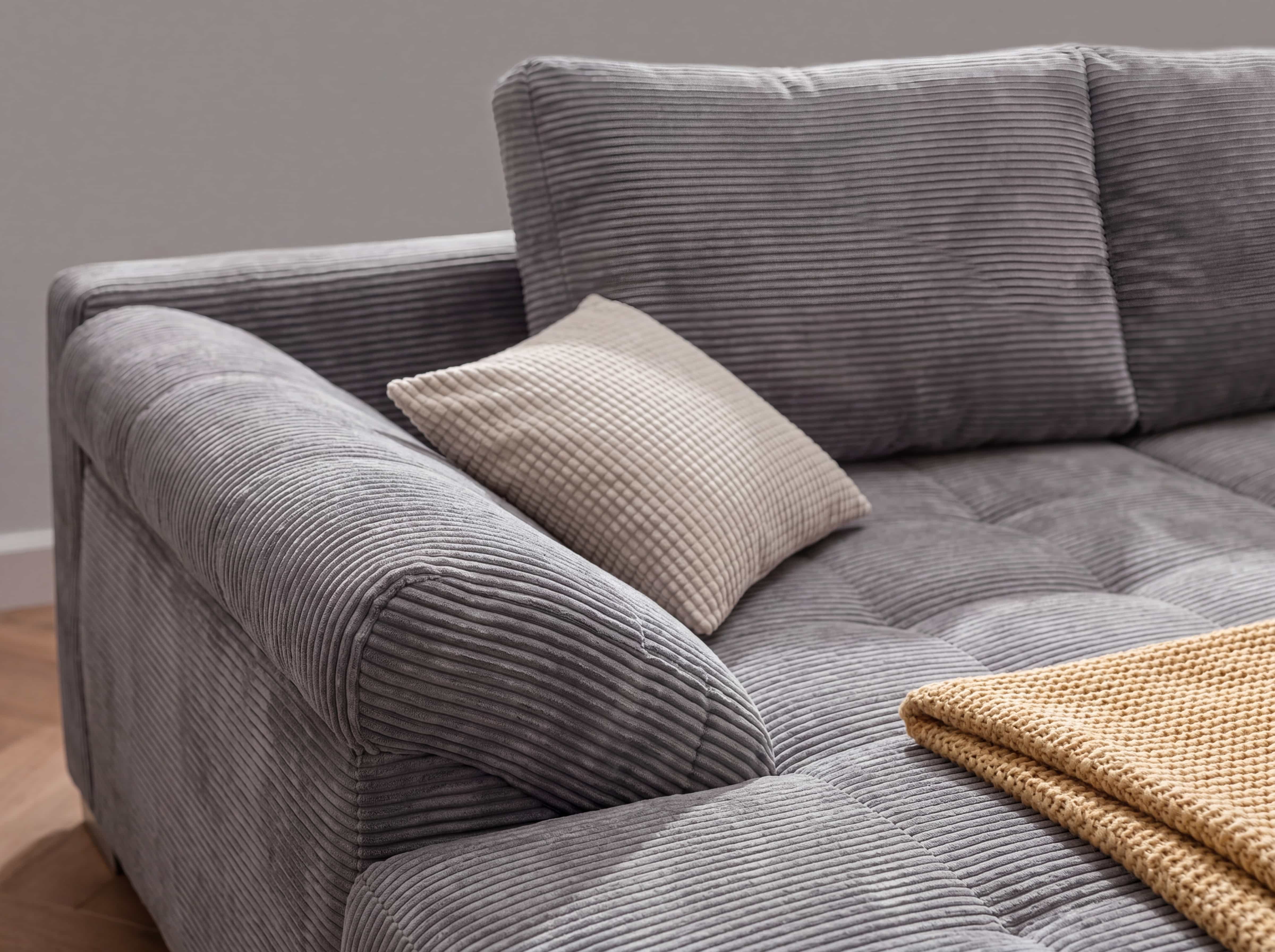 Ecksofa Cord Modell mit grauem, geripptem Stoffbezug, gepolsterter Rückenlehne und breiten Armlehnen