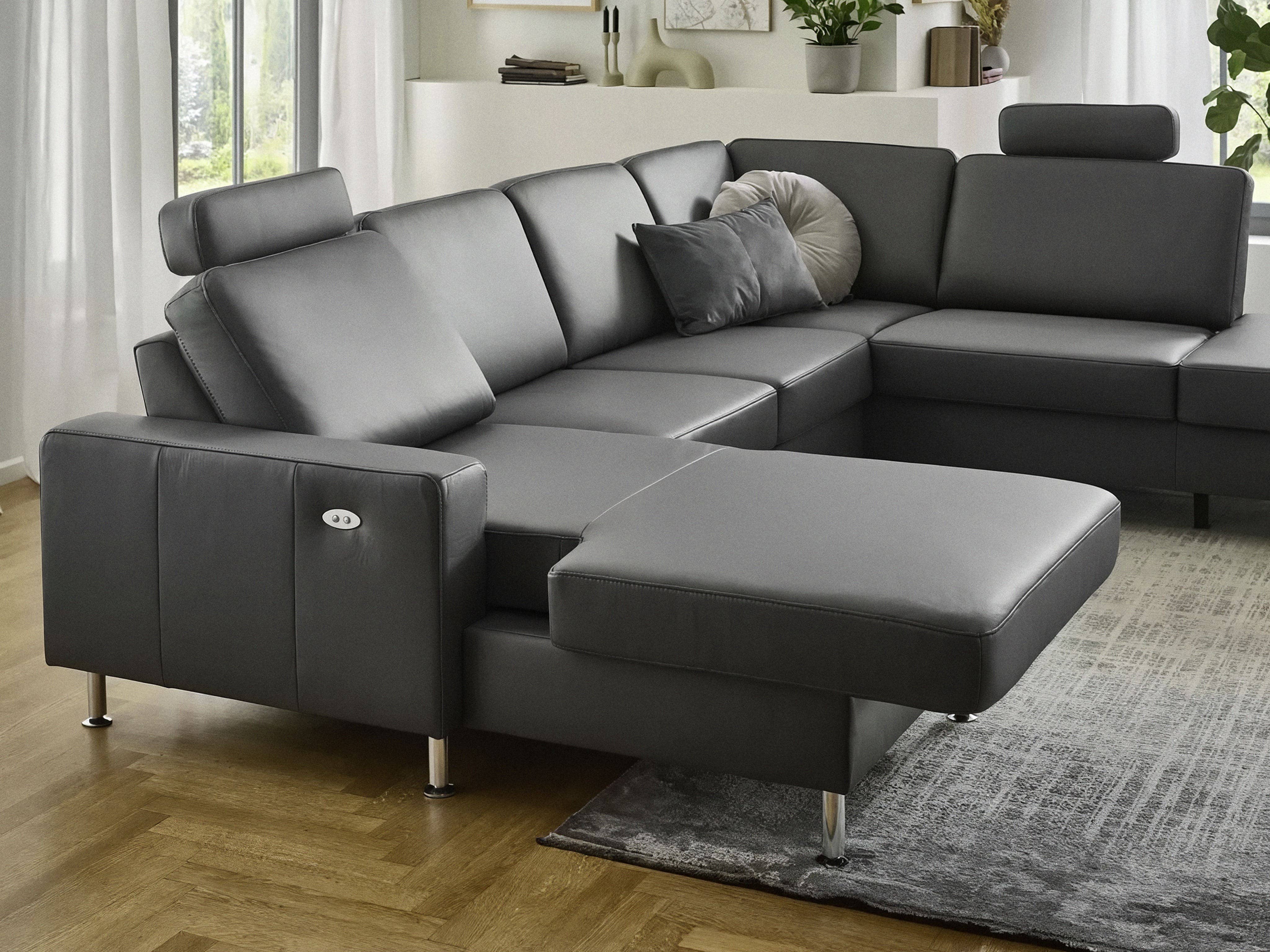 Ecksofa mit grauem Lederbezug, verstellbaren Kopfteilen, Metallfüßen und Armlehne links