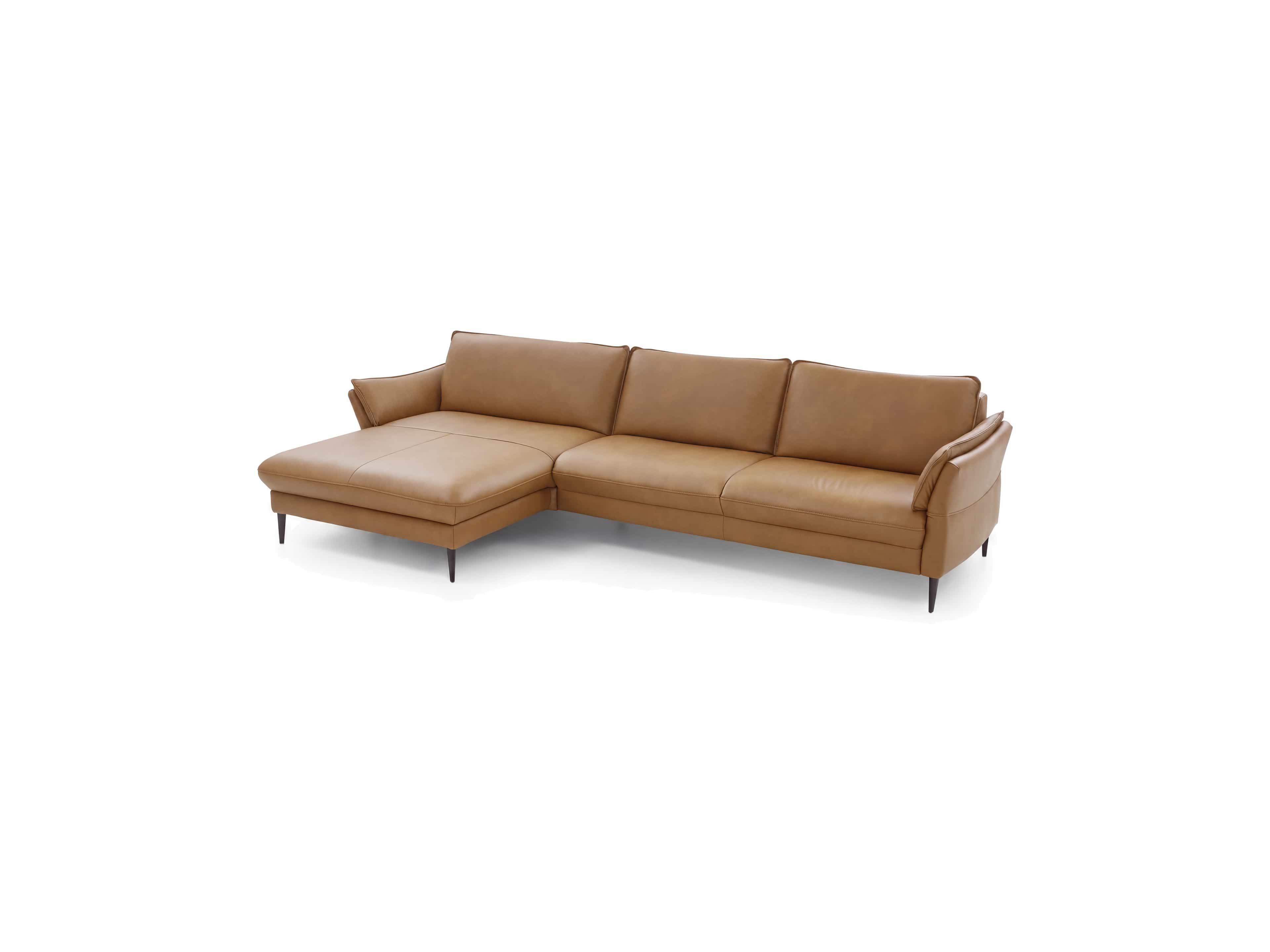 Ecksofa Kabs Polsterwelt mit braunem Lederbezug, linksseitiger Ottomane und schmalen Armlehnen