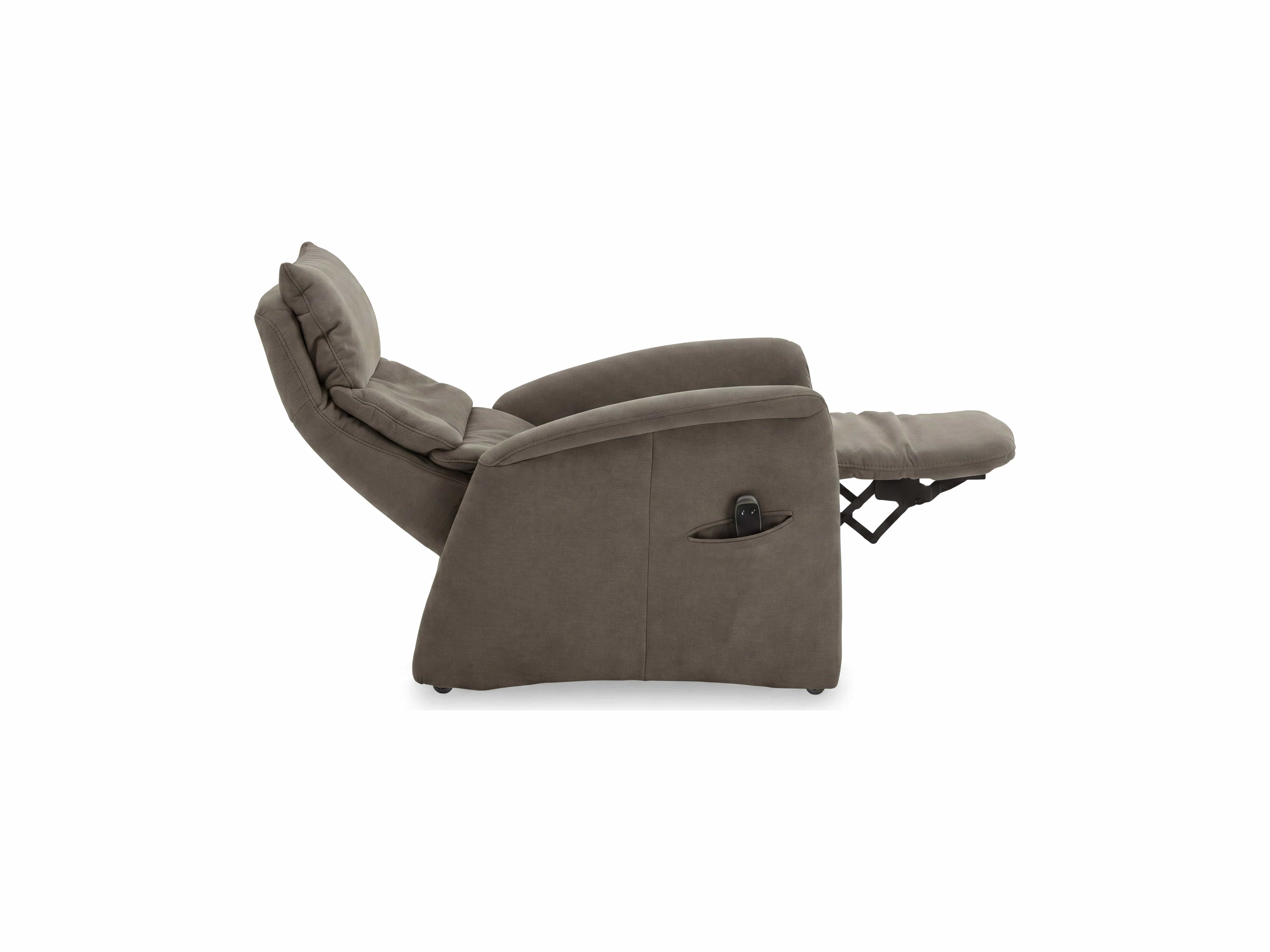 Relaxsessel in Grau mit Stoffbezug, hoher Rückenlehne, Armlehnen und ausgeklappter Fußstütze