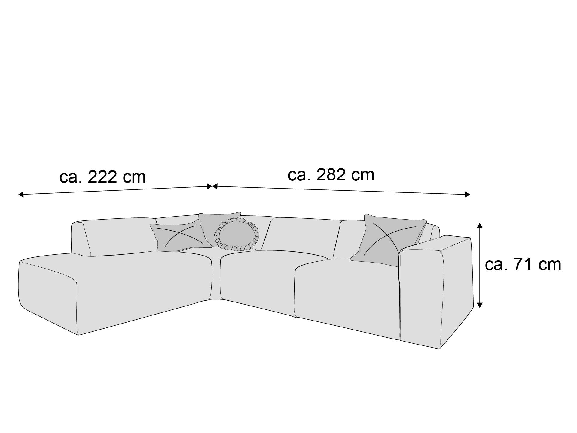 Ecksofa mit breiten Armlehnen, niedriger Rückenlehne und mehreren Kissen, Maße sind eingezeichnet.