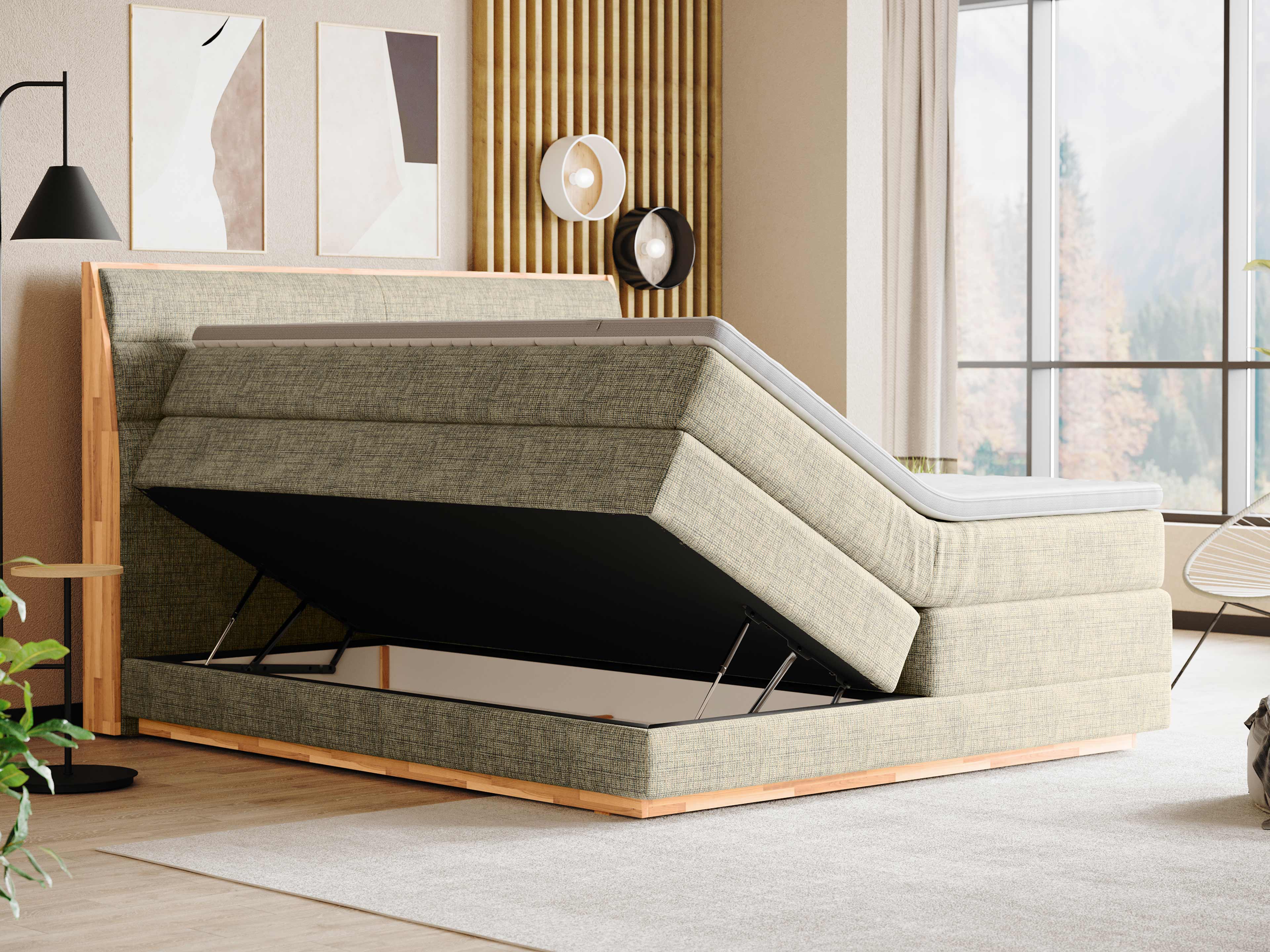Boxspringbett Kabs mit Stauraum, gepolstertes Kopfteil, Stoffbezug in Beige, Holzrahmen sichtbar
