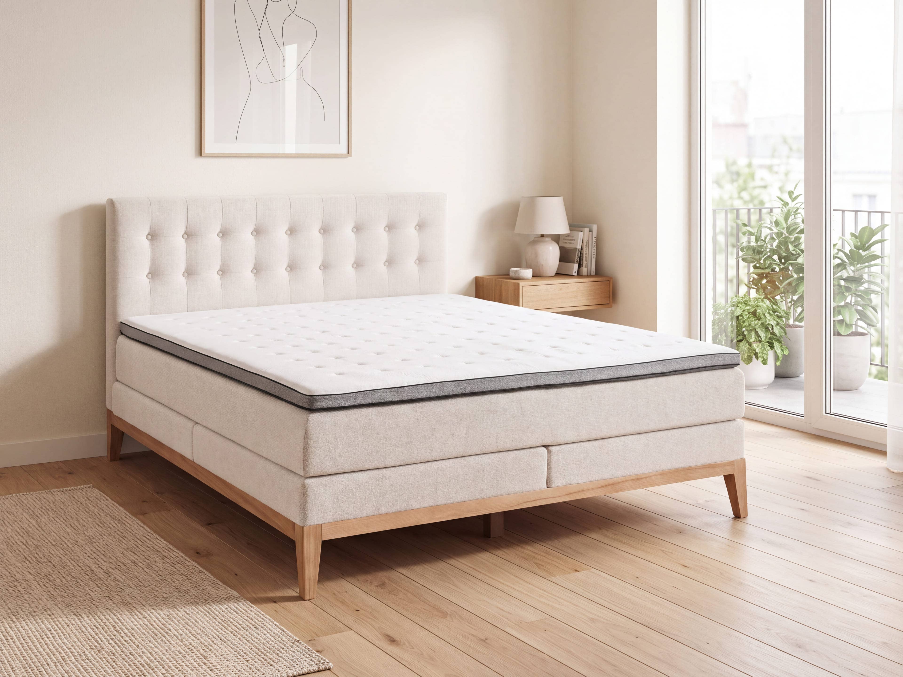 Boxspringbett mit hellbeigem Stoffbezug, gestepptem Kopfteil und Holzfüßen in heller Ausführung