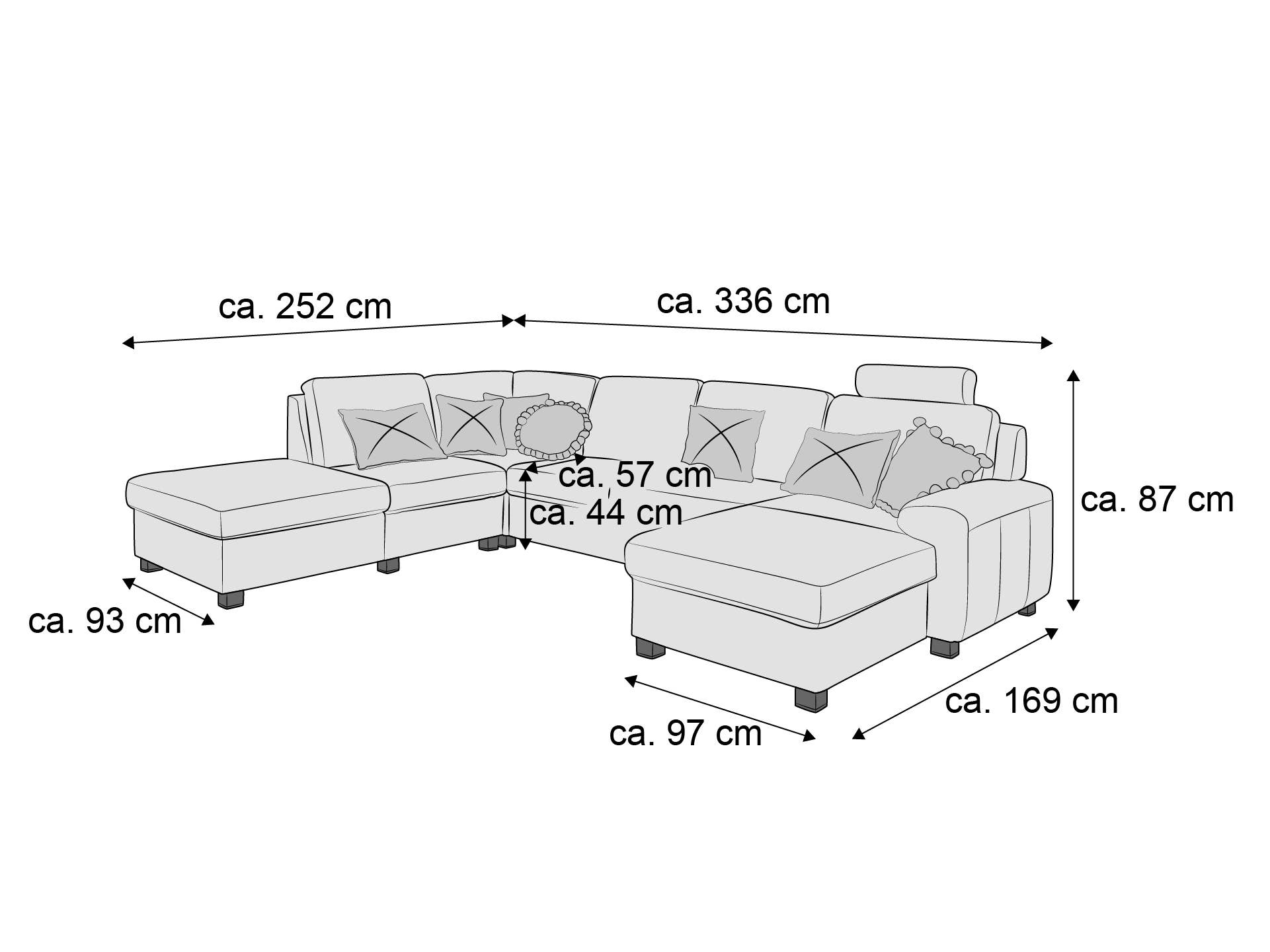 Ecksofa mit Stoffbezug und Armlehne, gepolstert, sichtbare Füße, inklusive Rückenkissen
