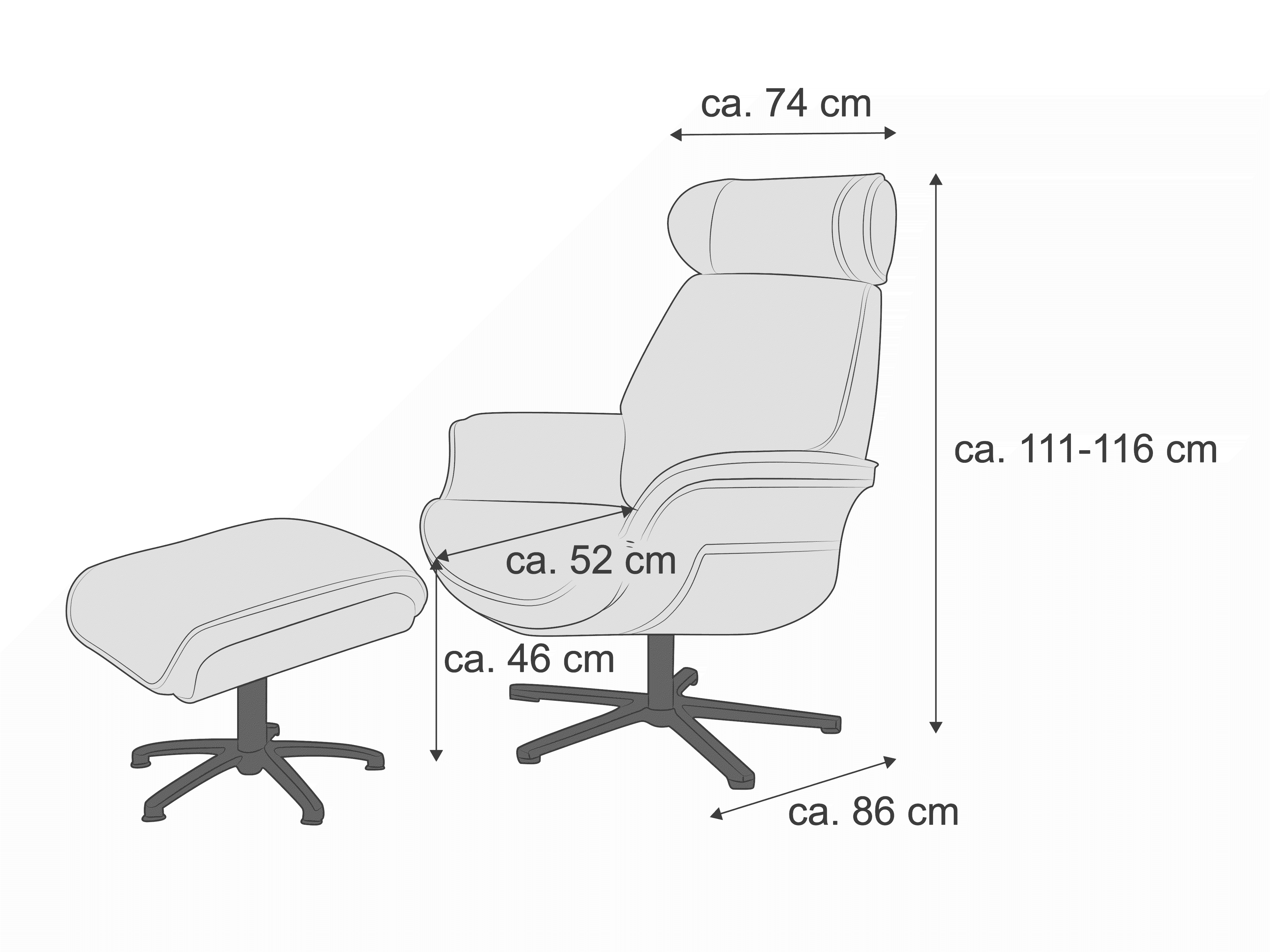 Relaxsessel mit Hocker, sichtbare Armlehnen, Kopfstütze, gepolstert, Drehkreuzfuß, helle Farbe