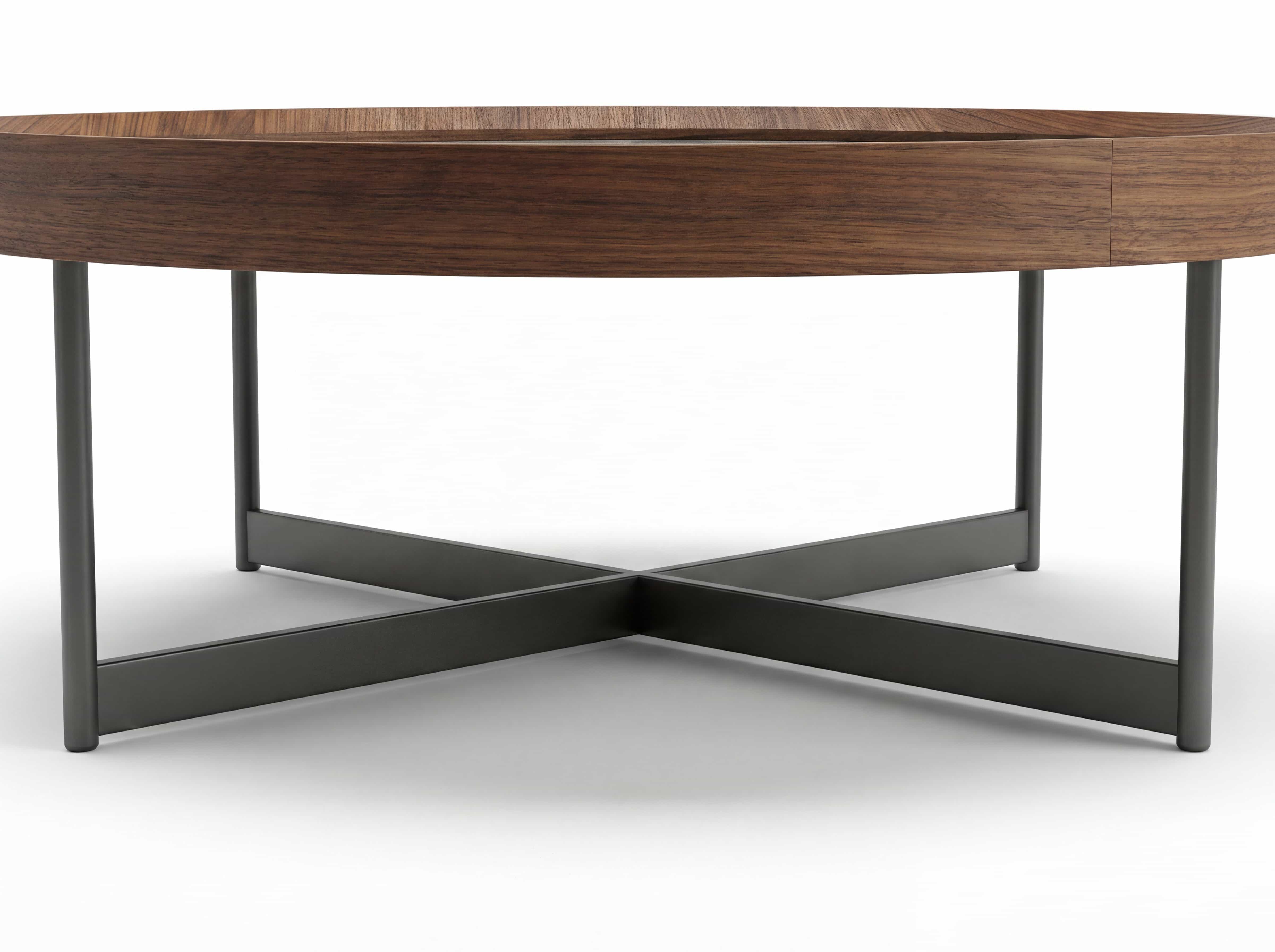 Runder Couchtisch mit brauner Holzplatte und schwarzem Kreuzgestell aus Metall, moderne Ausführung