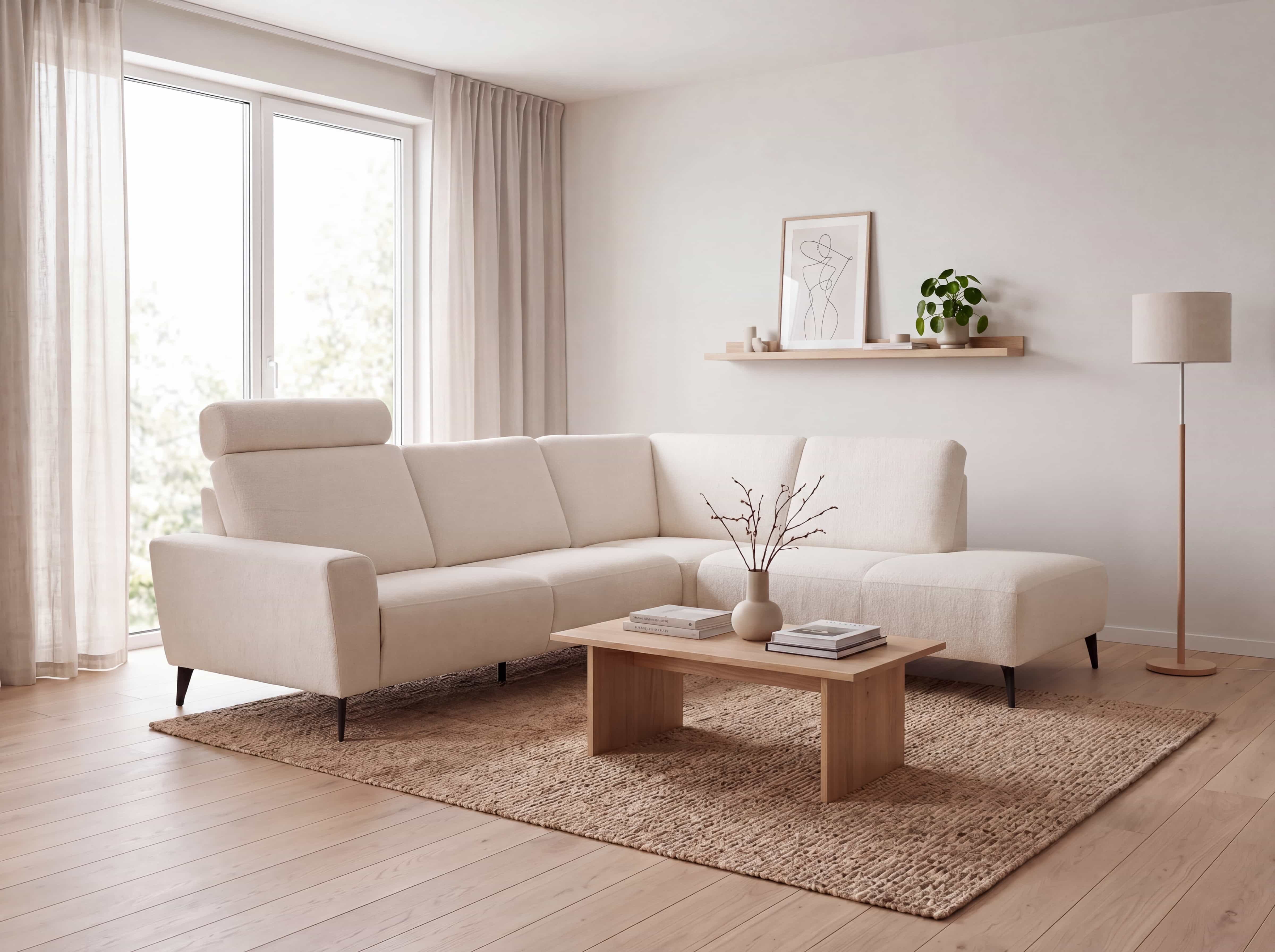 Ecksofa Kabs Polsterwelt mit Stoffbezug in Beige, L-Form, Armlehnen, Kopfstütze, schwarze Füße