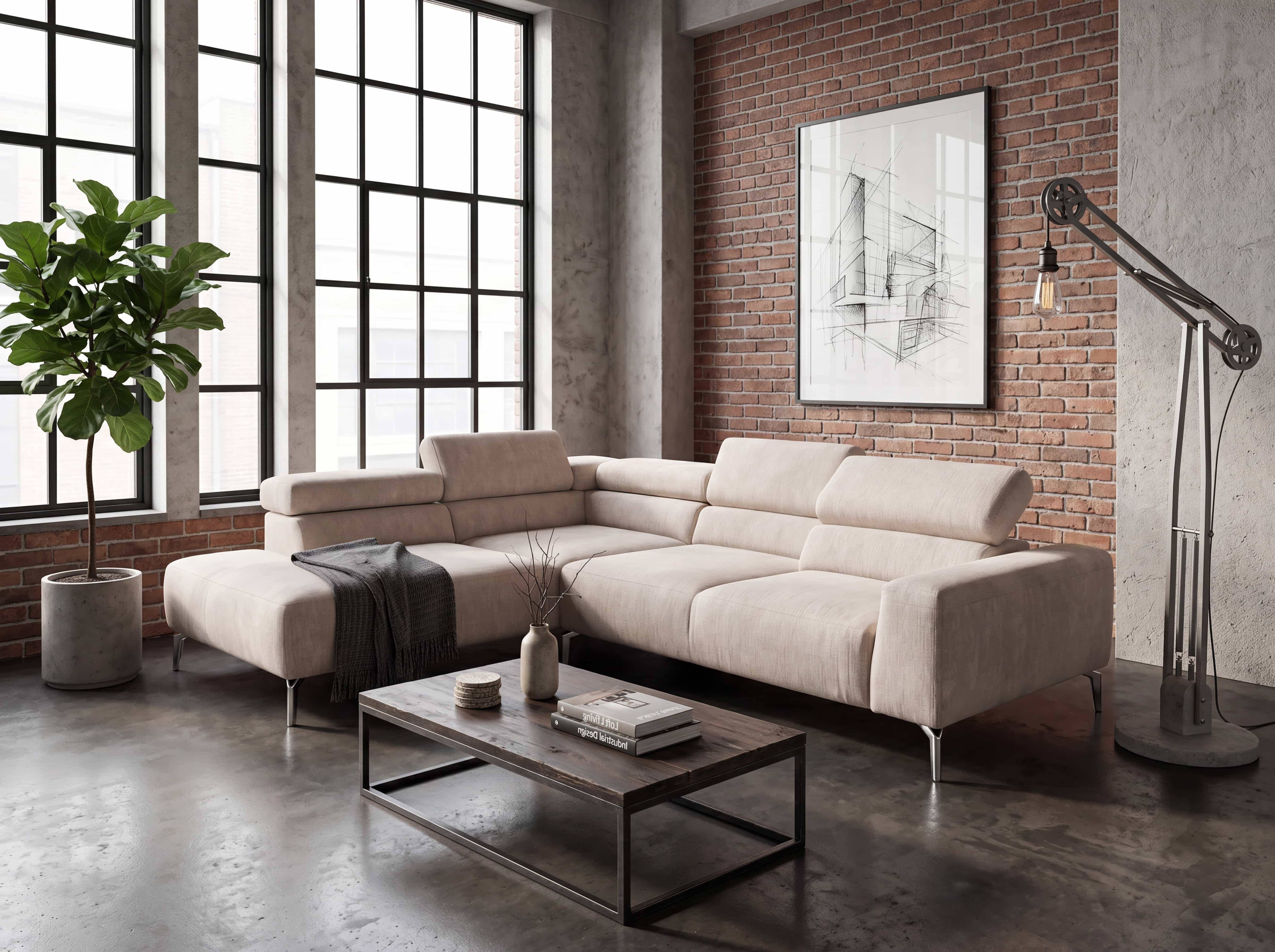 Ecksofa Camilla Move – beigefarbener Bezug, L-Form, verstellbare Kopfteile, Metallfüße