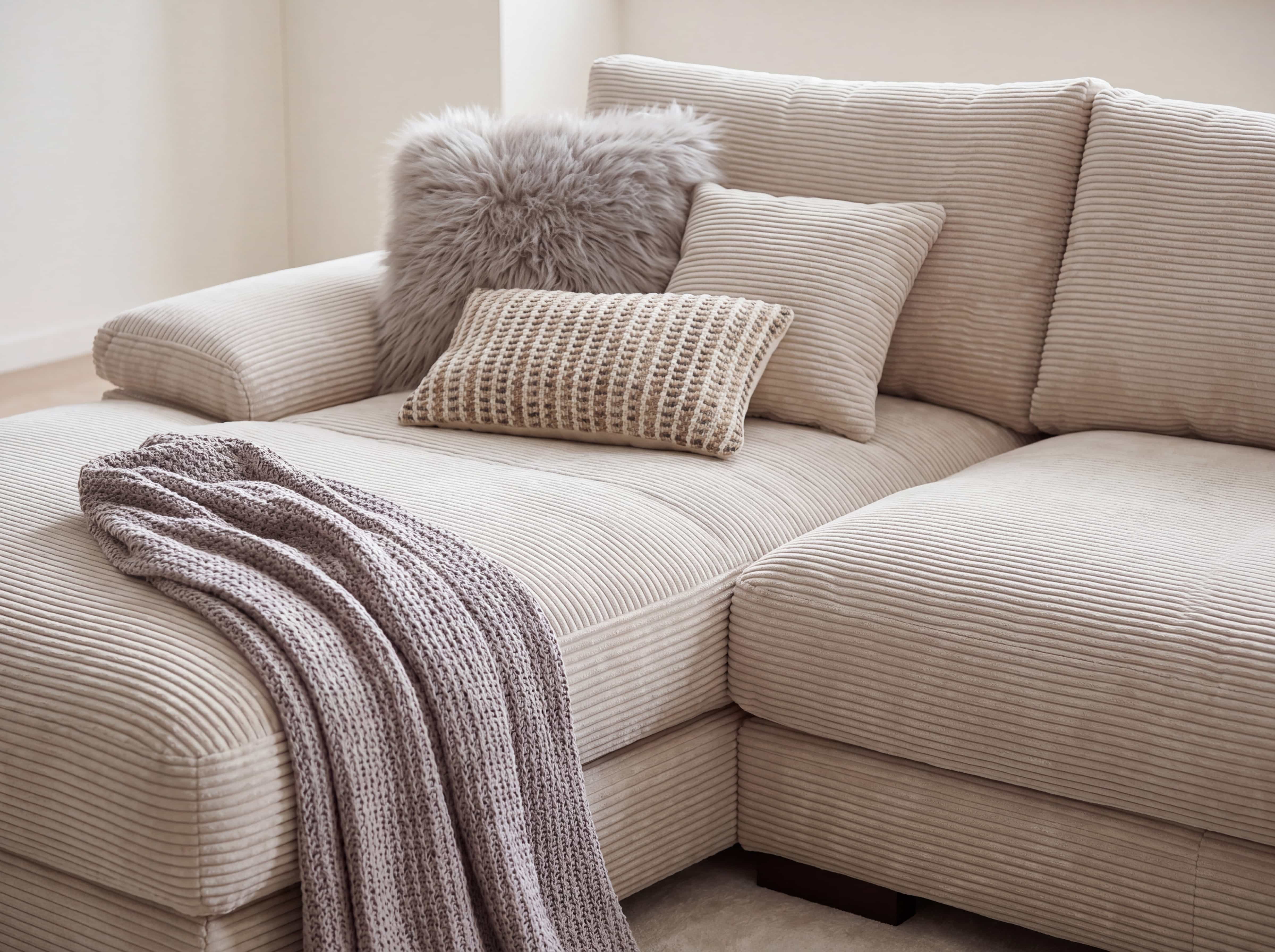 Ecksofa in beige mit Cordstoffbezug, breiter Armlehne und Struktur, dekoriert mit Kissen und Decke