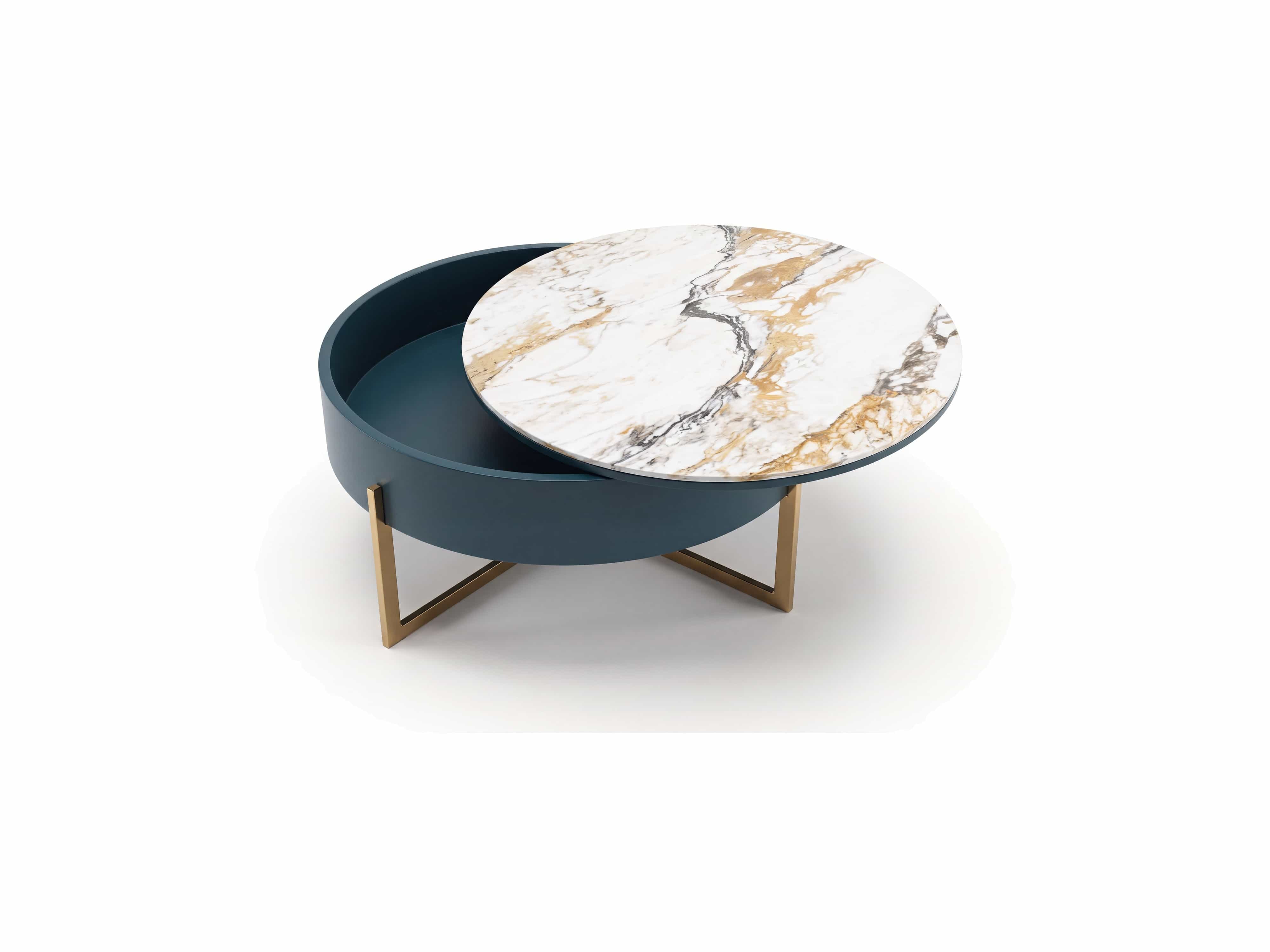 Runder Couchtisch mit Marmorplatte in Weiß-Gold-Optik, blauem Korpus und goldenem Metallgestell