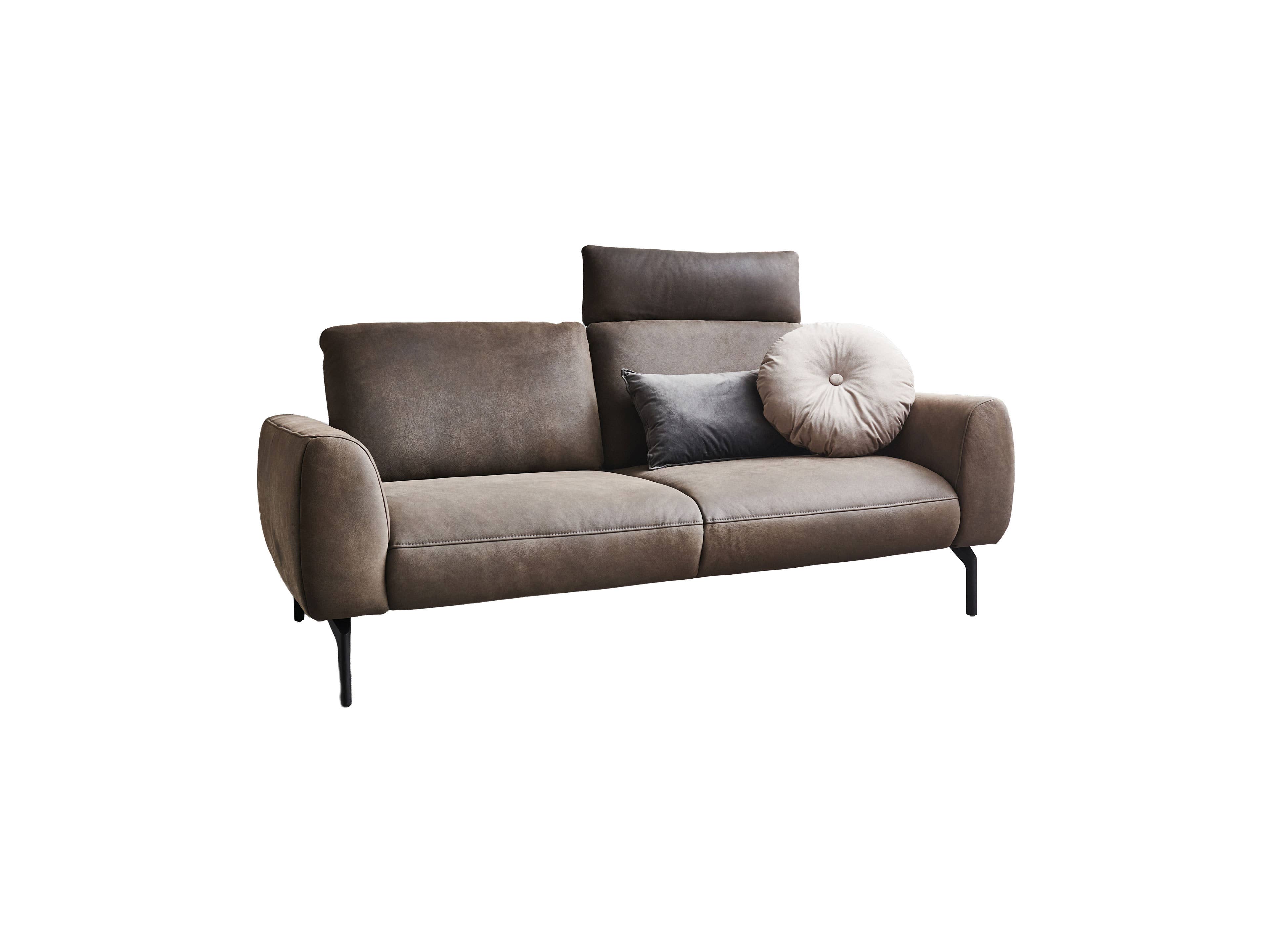 3-Sitzer Sofa Kabs, brauner Stoffbezug, hohe Rückenlehne, schwarze Metallfüße, zwei Kissen