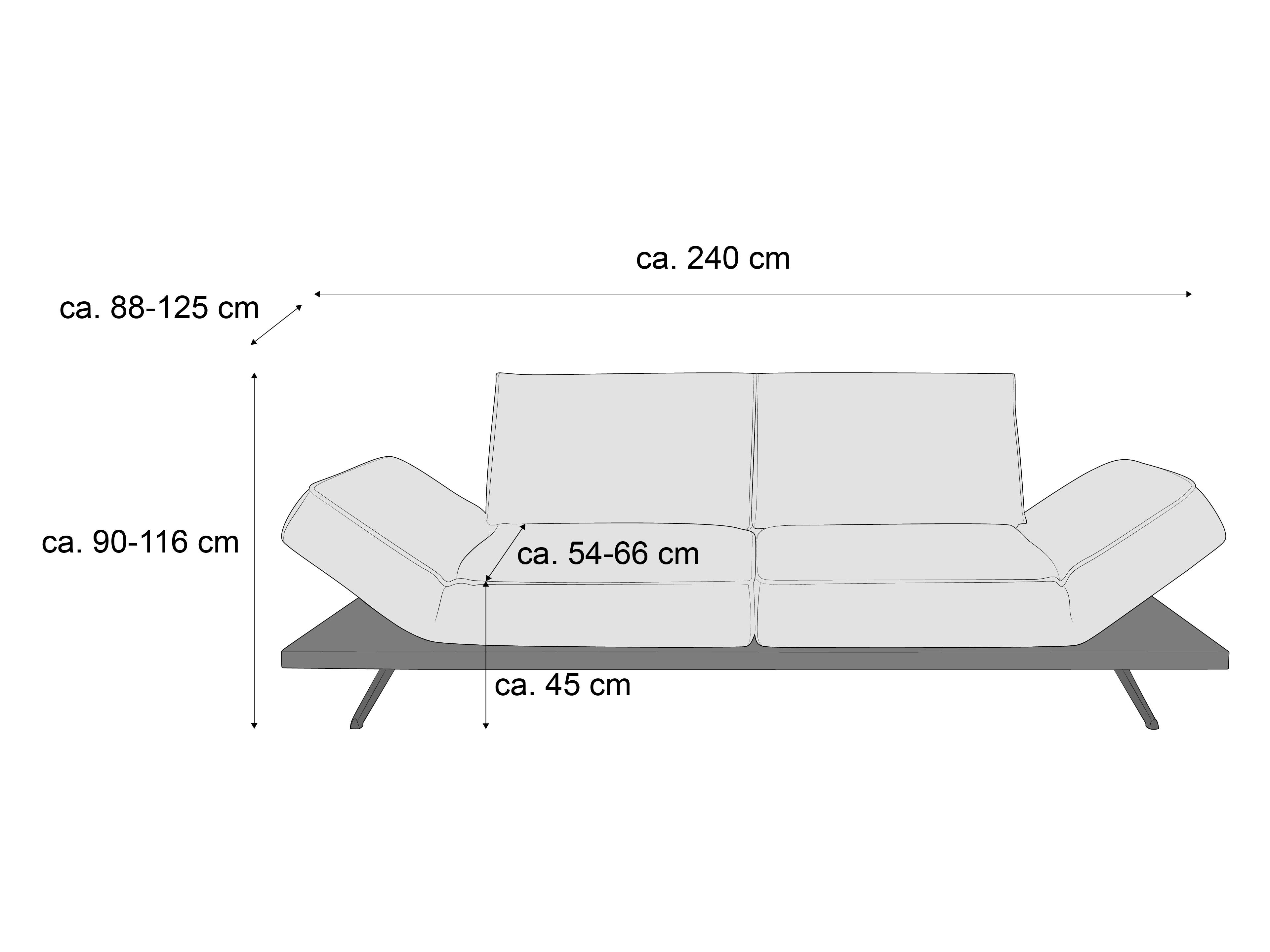 3-Sitzer Sofa mit gepolsterten Armlehnen, zwei Rückenlehnen und schrägen Metallfüßen frontal dargestellt.