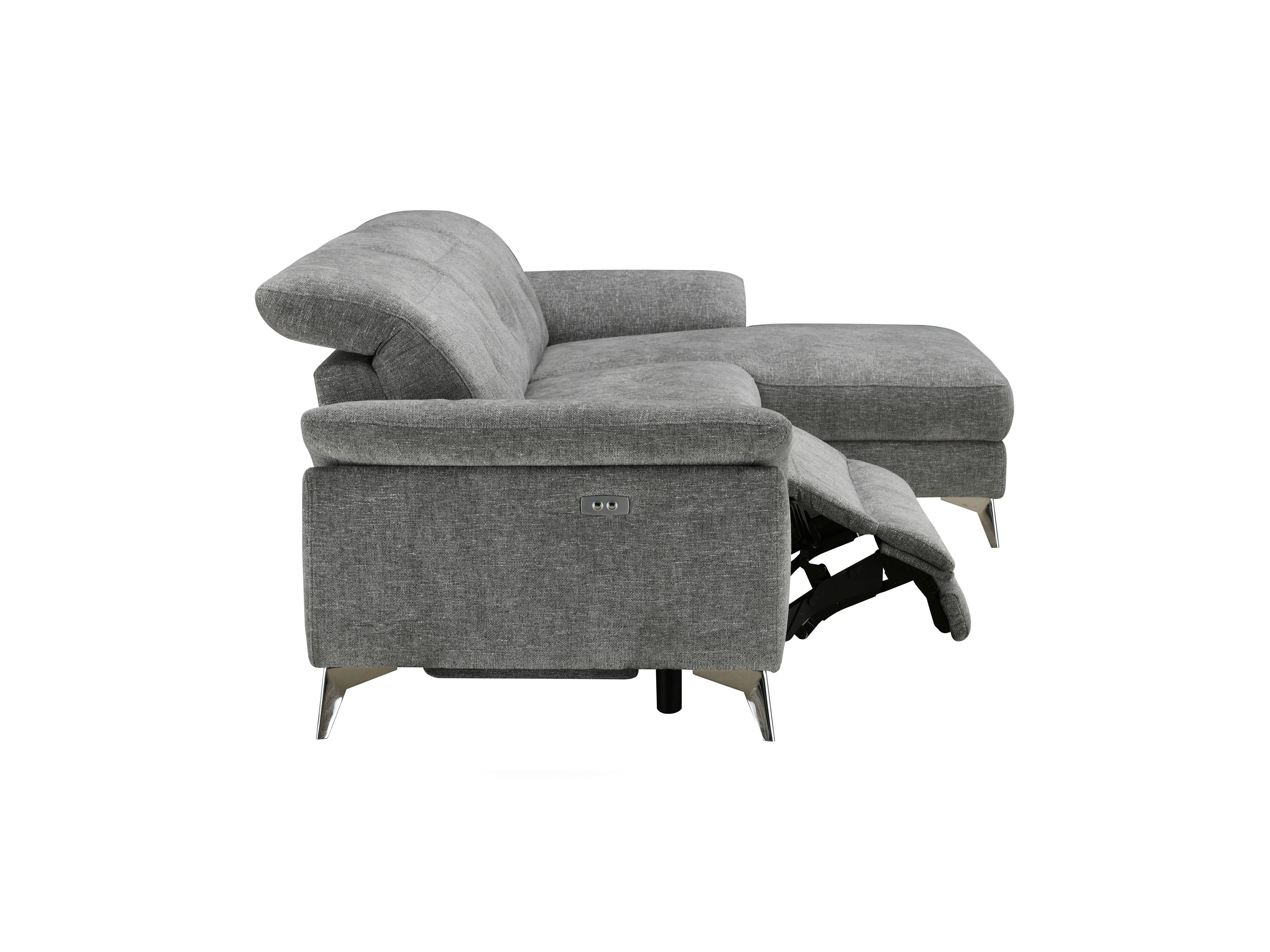 Ecksofa Detroit mit grauem Stoffbezug, verstellbarer Relaxfunktion und metallenen Füßen