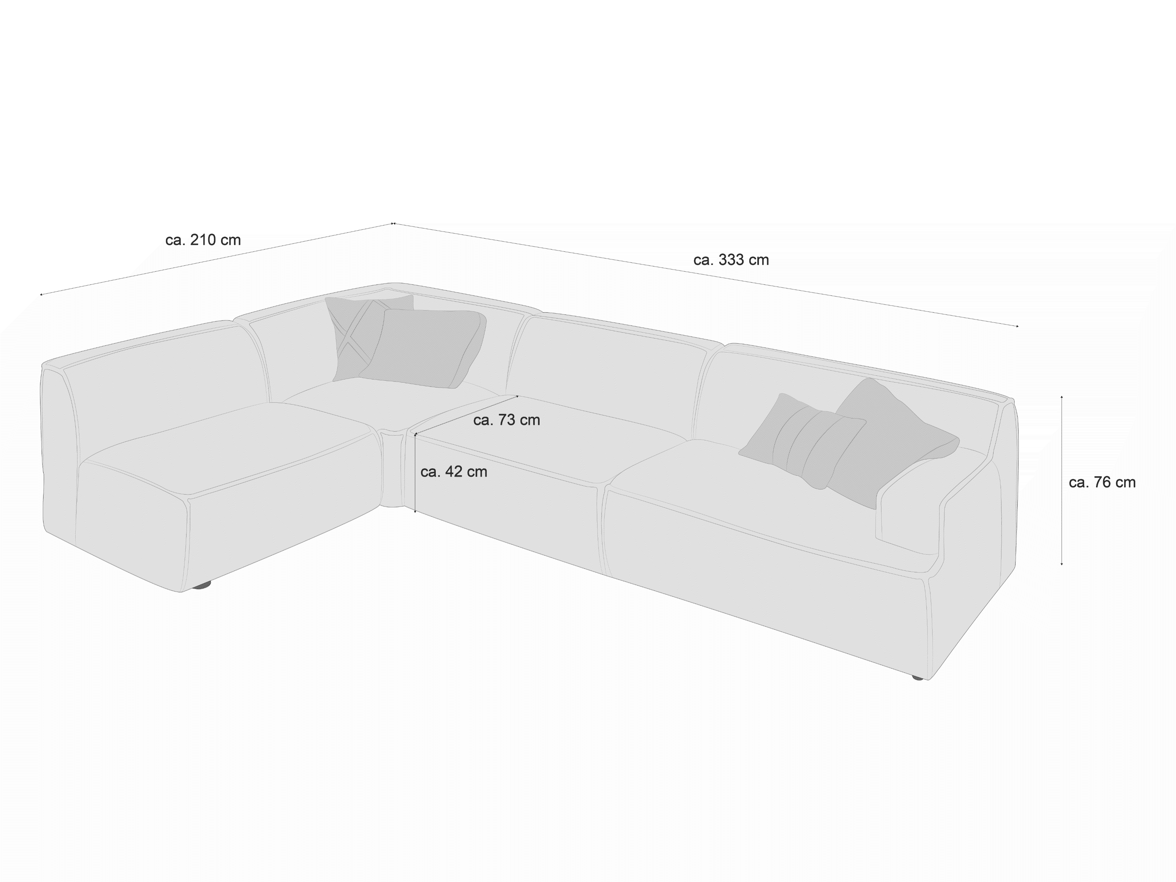 Ecksofa mit Stoffbezug und Armlehnen, hell, L-Form, sichtbare Polsterkissen, niedrige Rückenlehne