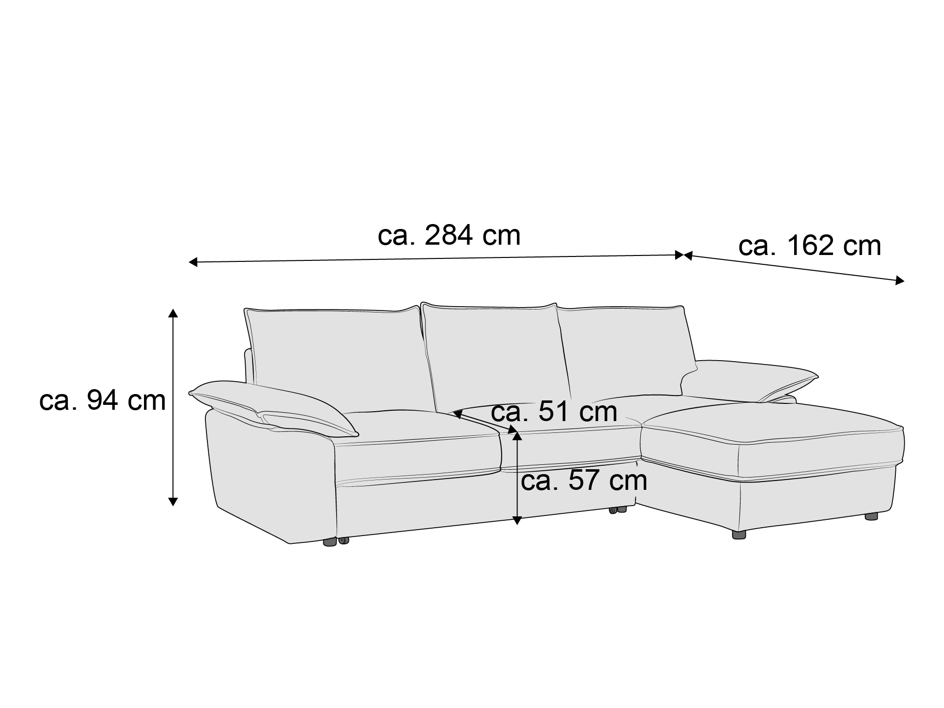 Ecksofa mit drei Rückenkissen, Armlehnen und Ottomane, gepolstert, Stoffbezug, Maße eingezeichnet