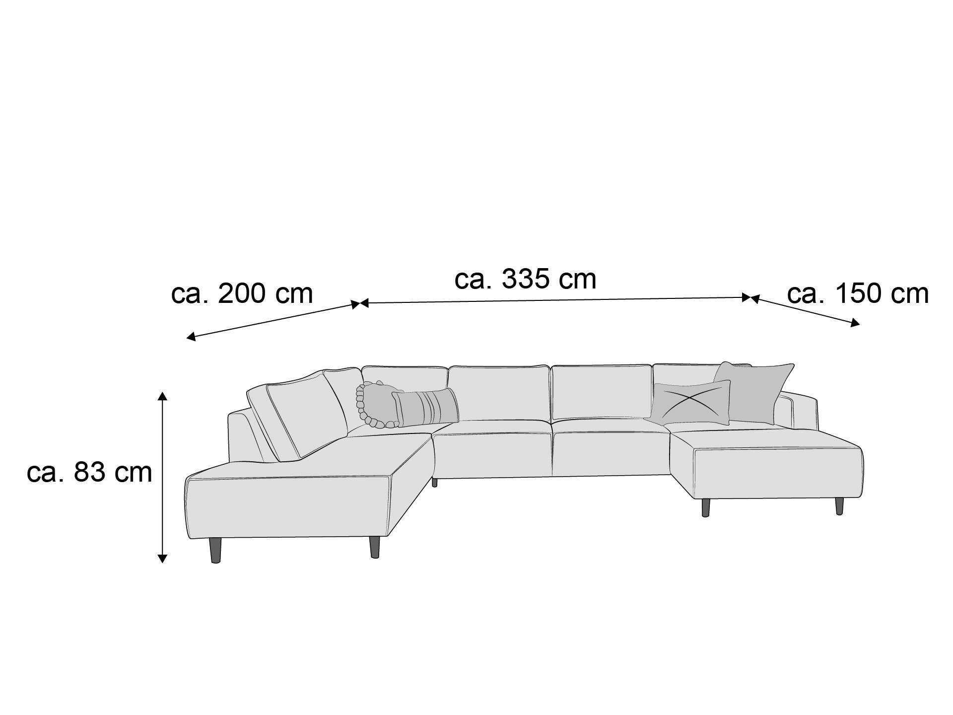 Ecksofa mit Stoffbezug, L-Form, gepolsterte Rückenlehnen, sichtbare Kissen und niedrige Füße