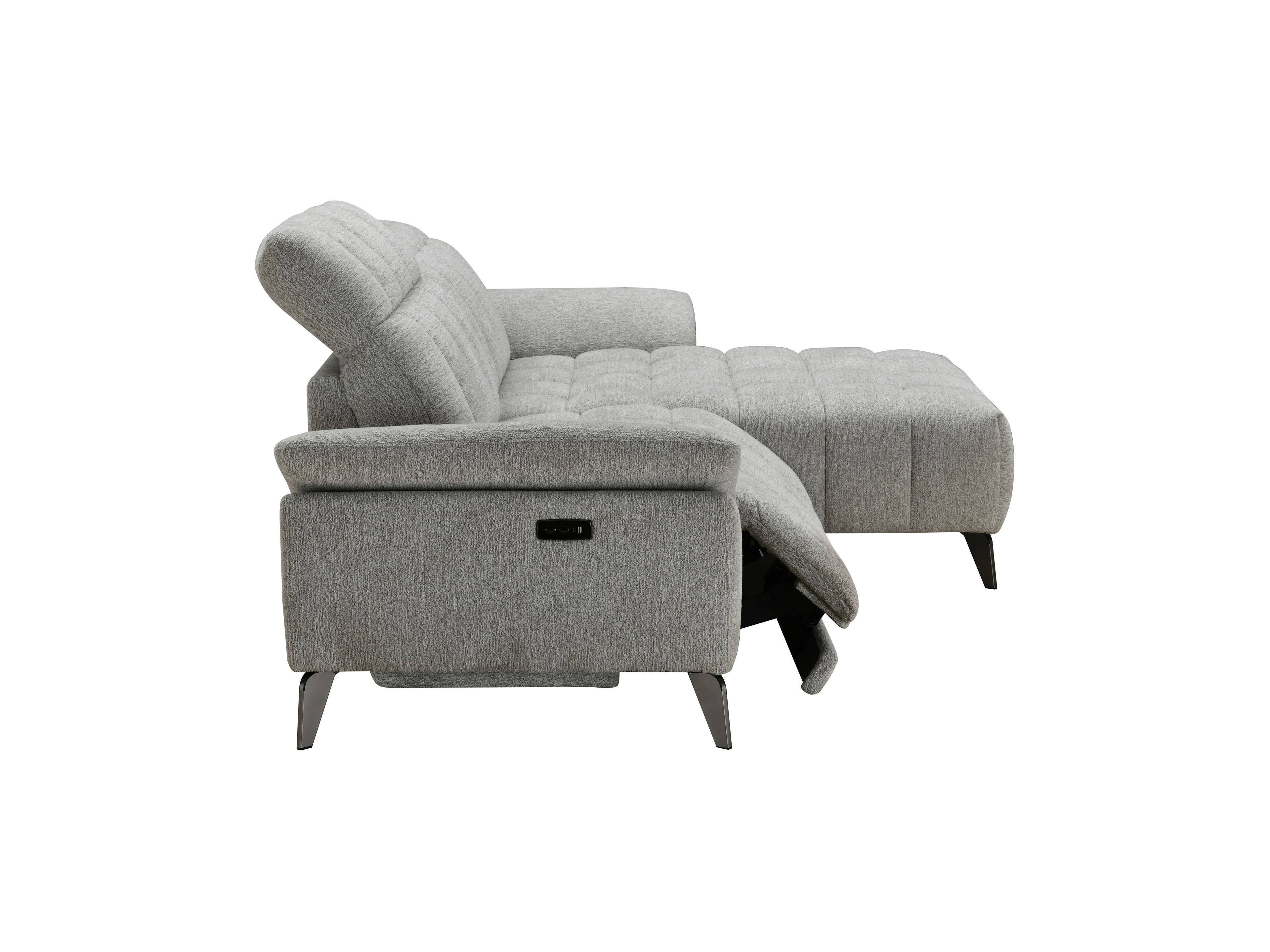 Ecksofa mit grauem Stoffbezug, gepolstertem Rücken, Armlehne und ausgeklappter Fußstütze