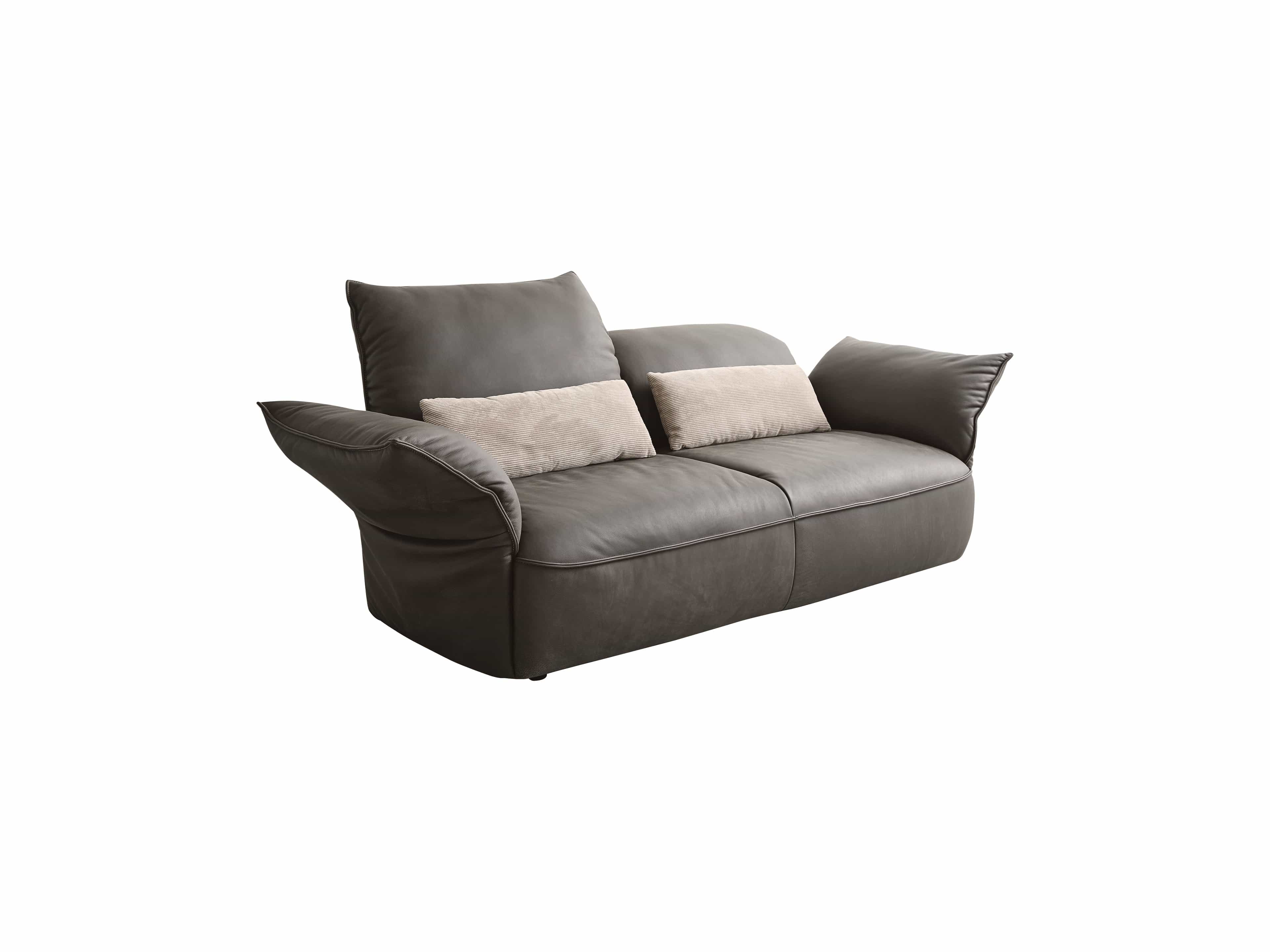 2-Sitzer Sofa Juno mit grauem Lederbezug, breiten gepolsterten Armlehnen und zwei hellen Kissen