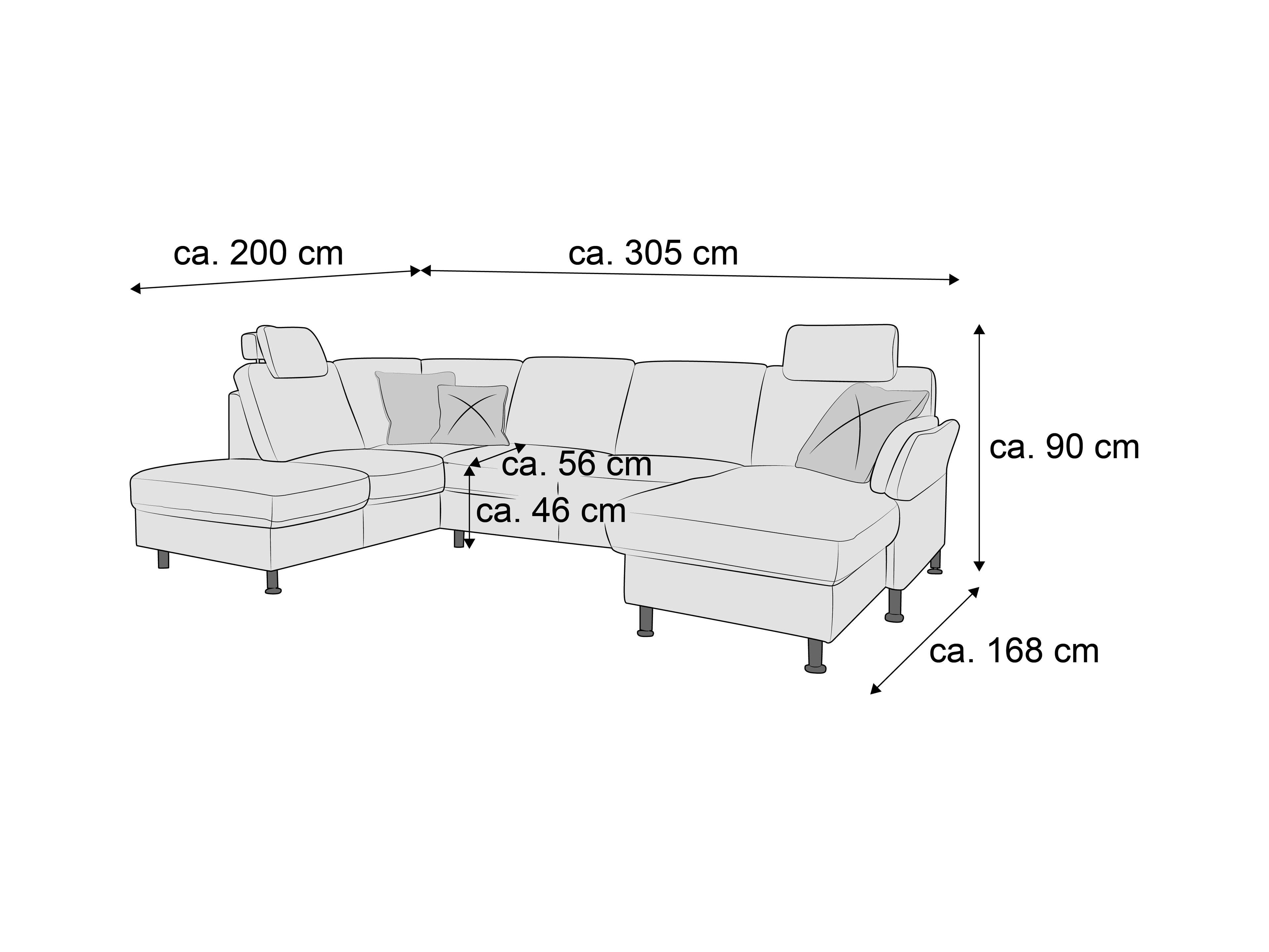 Ecksofa mit gepolstertem Stoffbezug, Armlehnen, verstellbaren Kopfstützen und sichtbaren Füßen