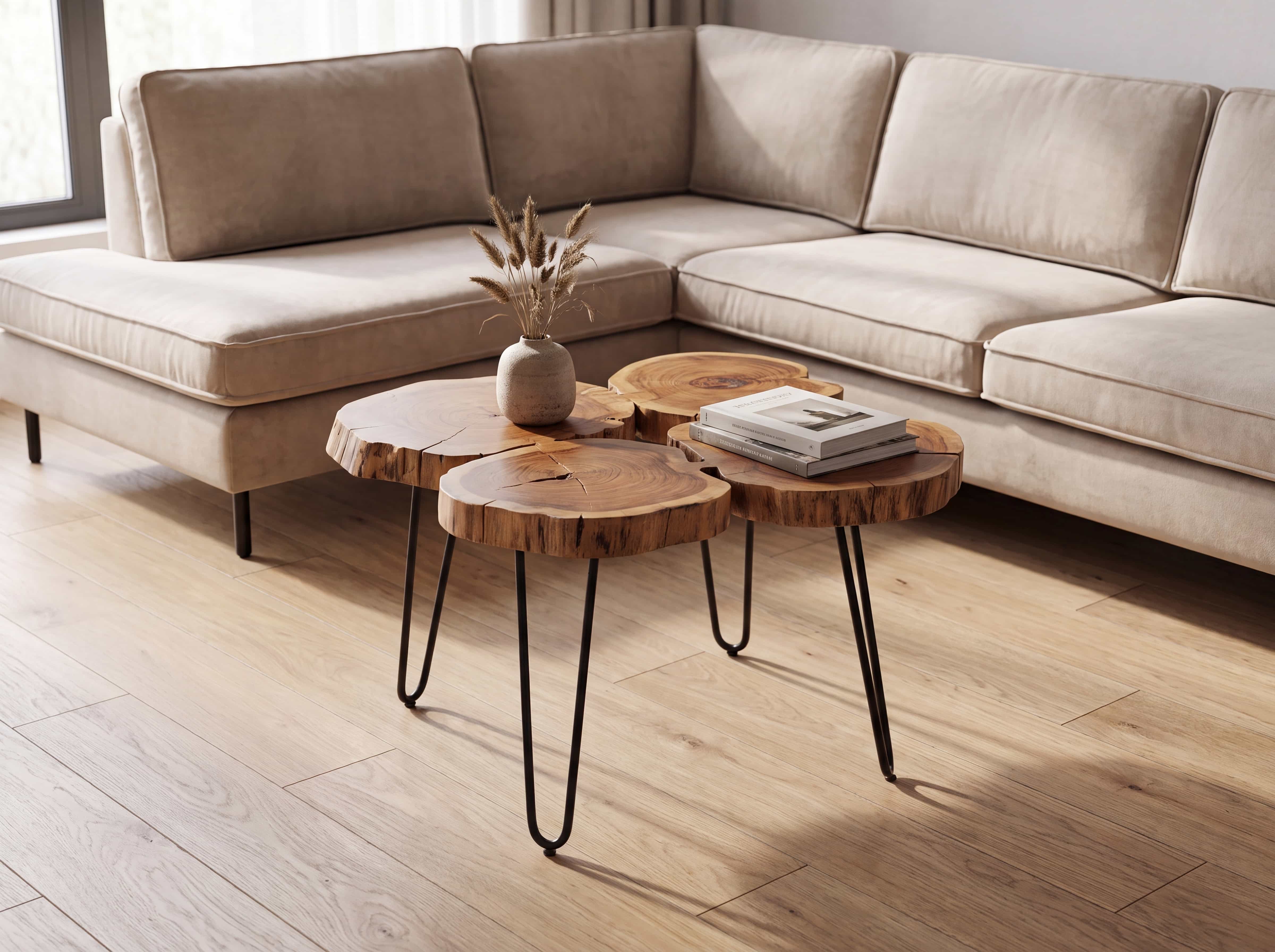 Couchtisch Setaria Mini – Tischplatte aus naturbelassenem Holz, unregelmäßige Form, schwarze Metallbeine