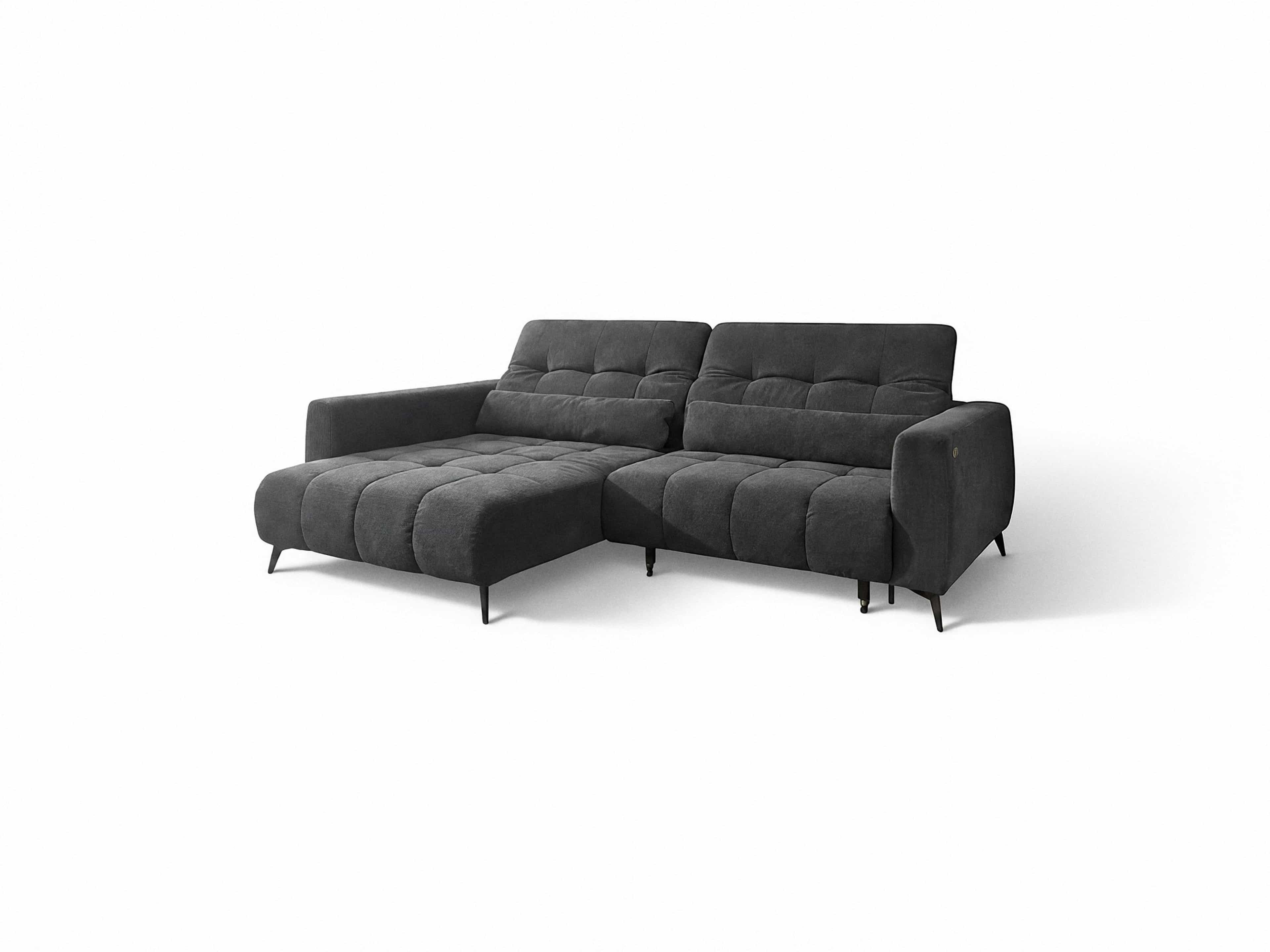 Ecksofa Kabs, dunkelgrauer Stoffbezug, gepolstert, mit Armlehnen, sichtbaren schwarzen Füßen