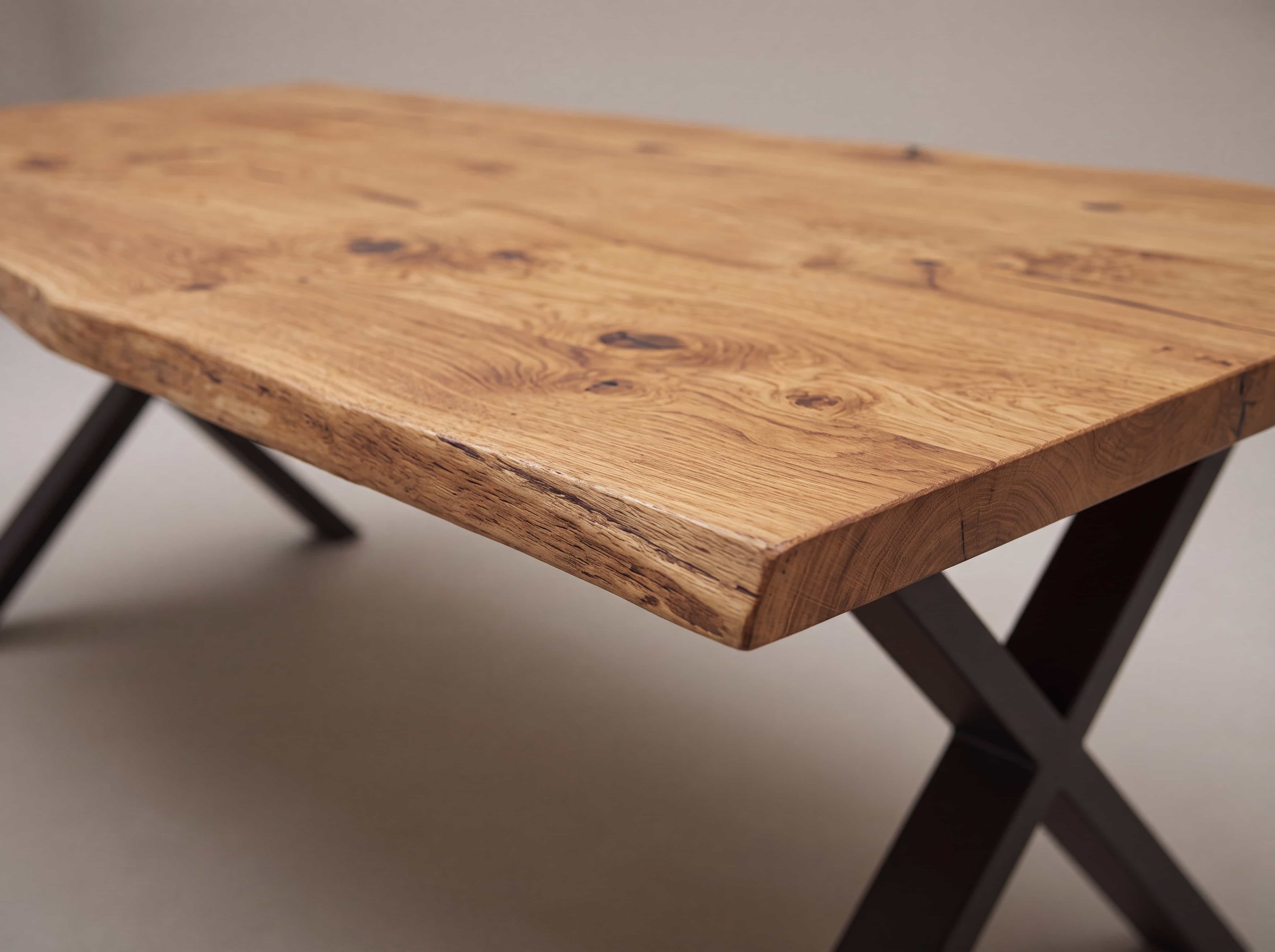Esstisch mit massiver, naturbelassener Holzplatte und X-förmigem Metallgestell in Schwarz