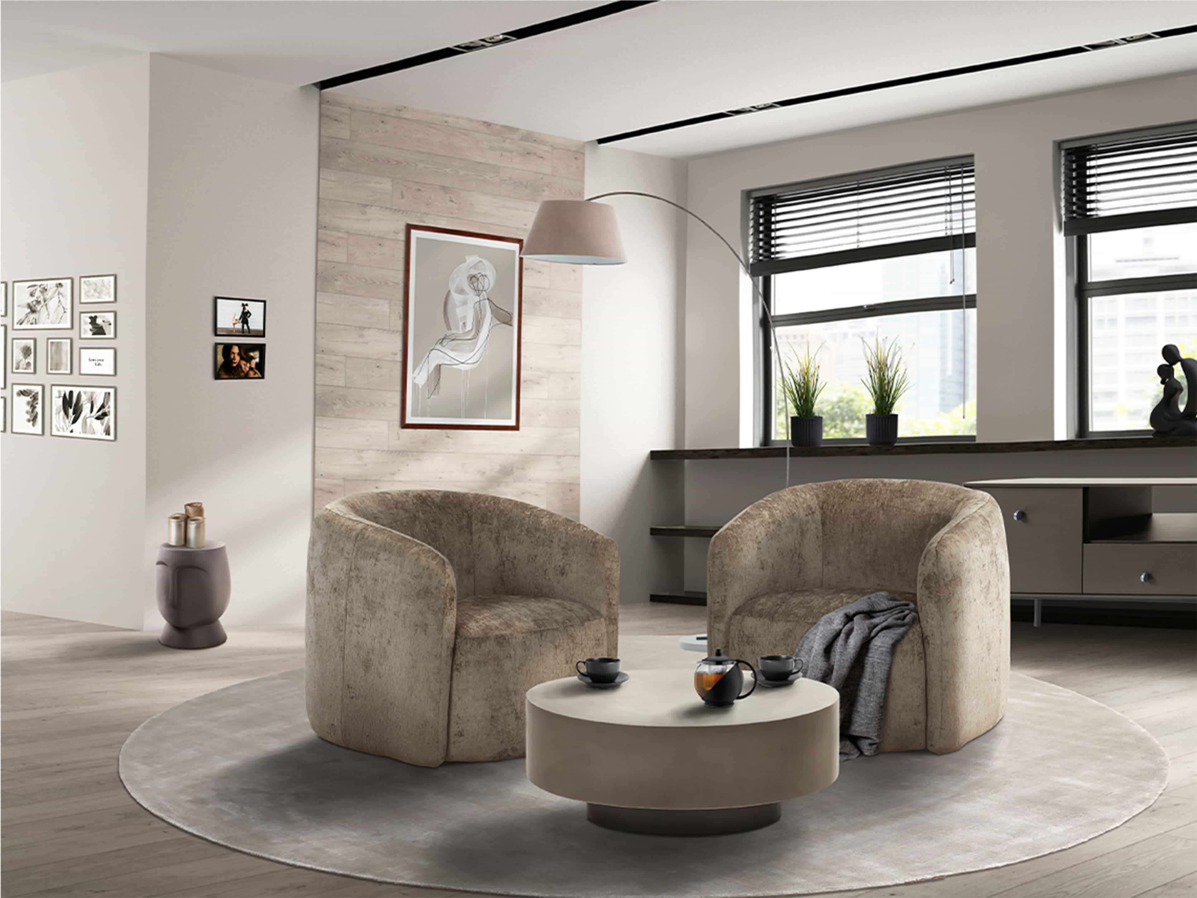 Loungesessel Maeve – beige, runder Bezug, breite Armlehnen, halbrunde Rückenlehne