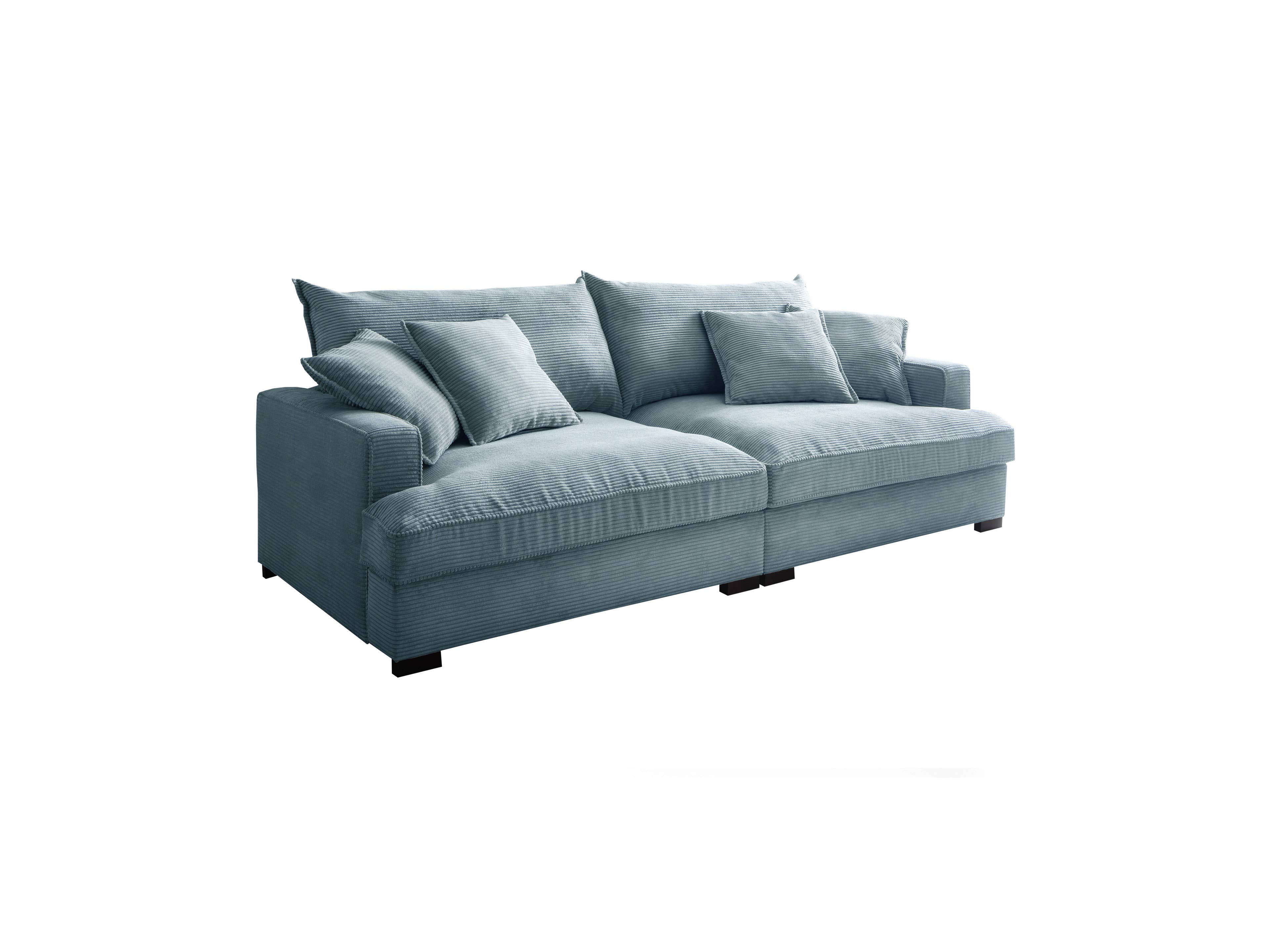 3-Sitzer Sofa mit Armlehnen, hellblauer Cordstoff, rechteckige Form, dunkle eckige Füße, vier Kissen