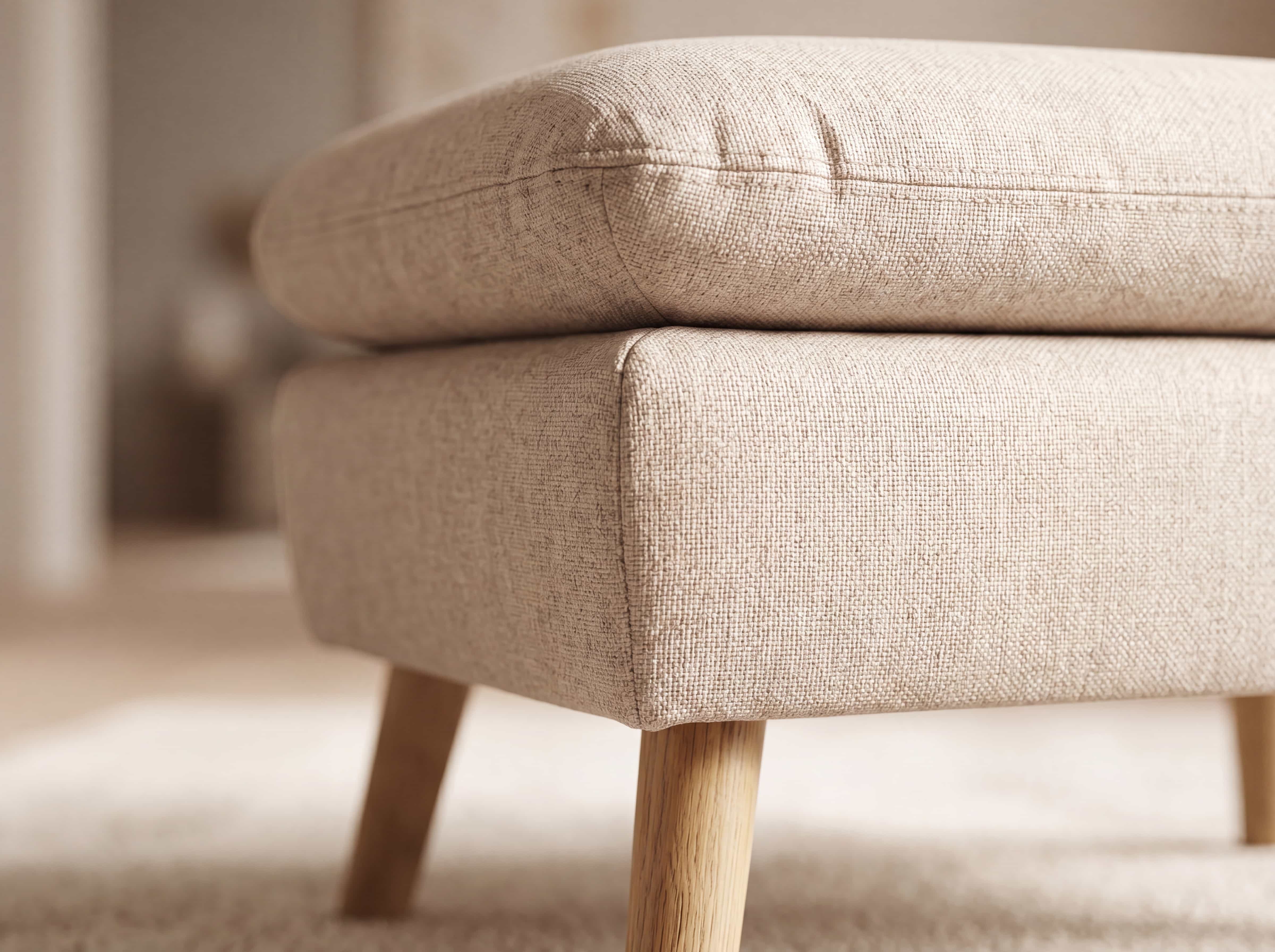 Hocker Kabs mit beigefarbenem Stoffbezug, gepolsterter Sitzfläche und Holzfüßen im Detail