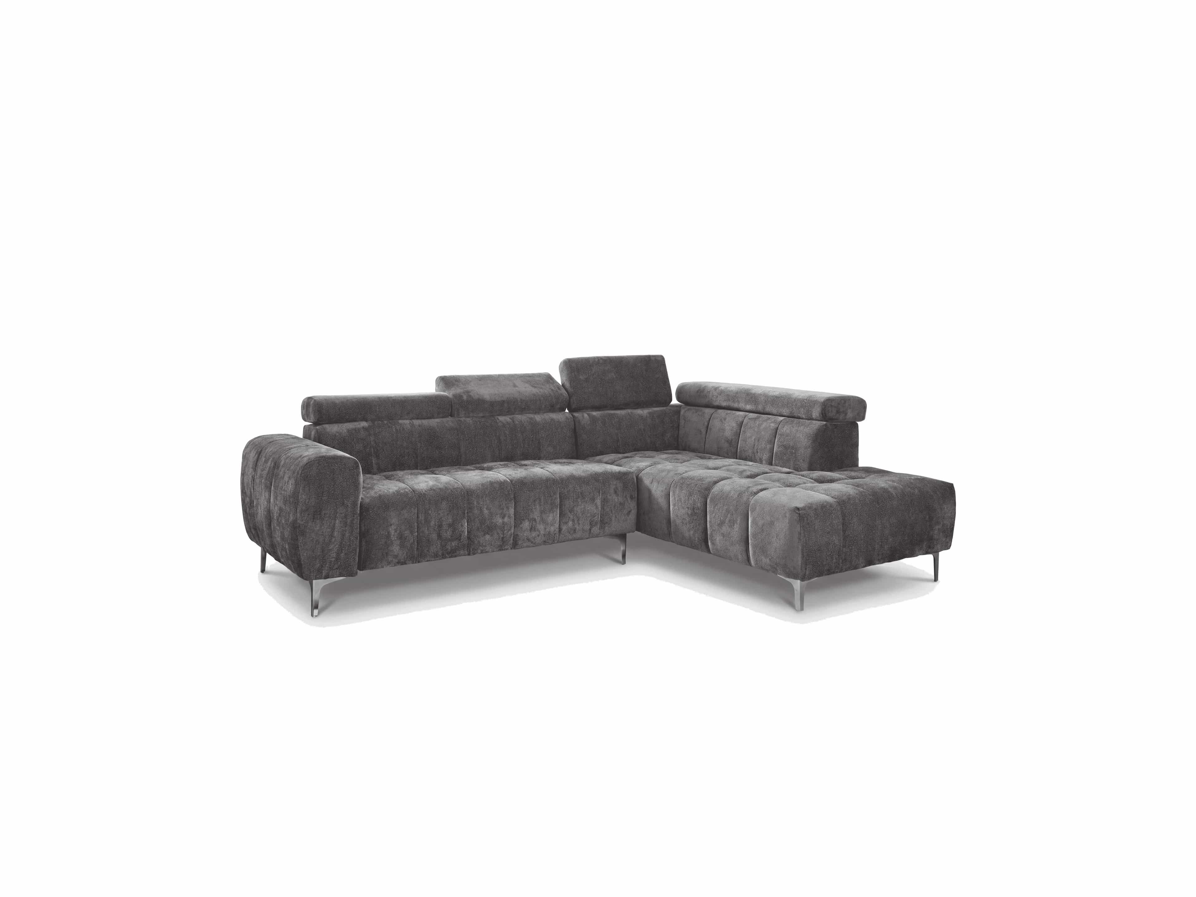Ecksofa Kabs Polsterwelt aus grauem Stoff mit verstellbaren Kopfstützen und Metallfüßen