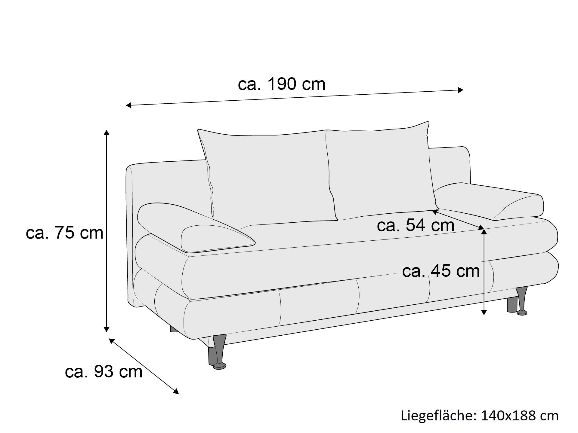 2-Sitzer Schlafsofa mit Armlehnen, sichtbaren Kissen und Sofafüßen, gepolstert, Maße gekennzeichnet