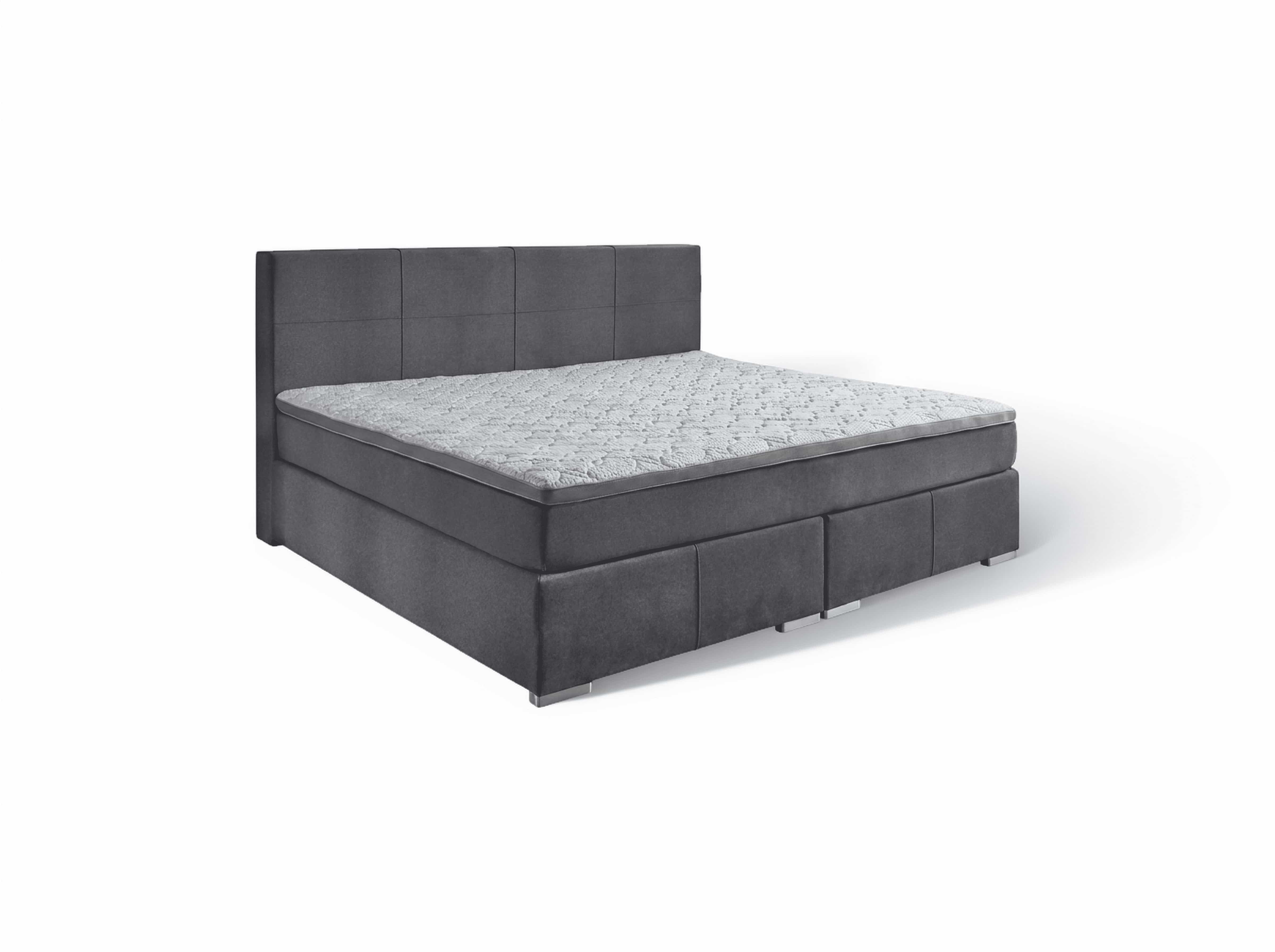Boxspringbett Kabs mit gepolstertem Kopfteil aus grauem Stoff und gestepptem Matratzenbezug