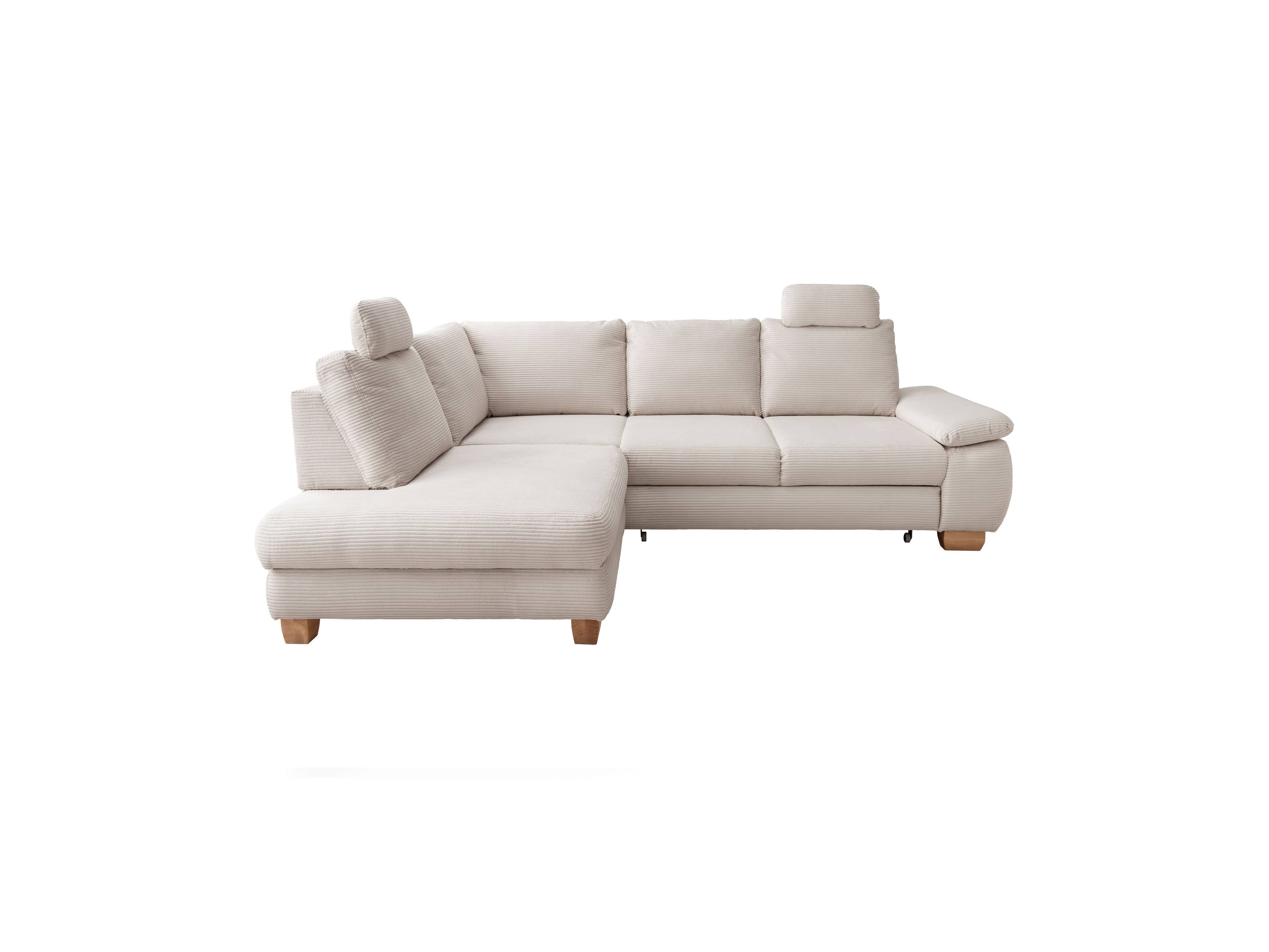 Ecksofa in L-Form mit beige strukturiertem Stoffbezug, verstellbaren Kopfstützen und Holzfüßen