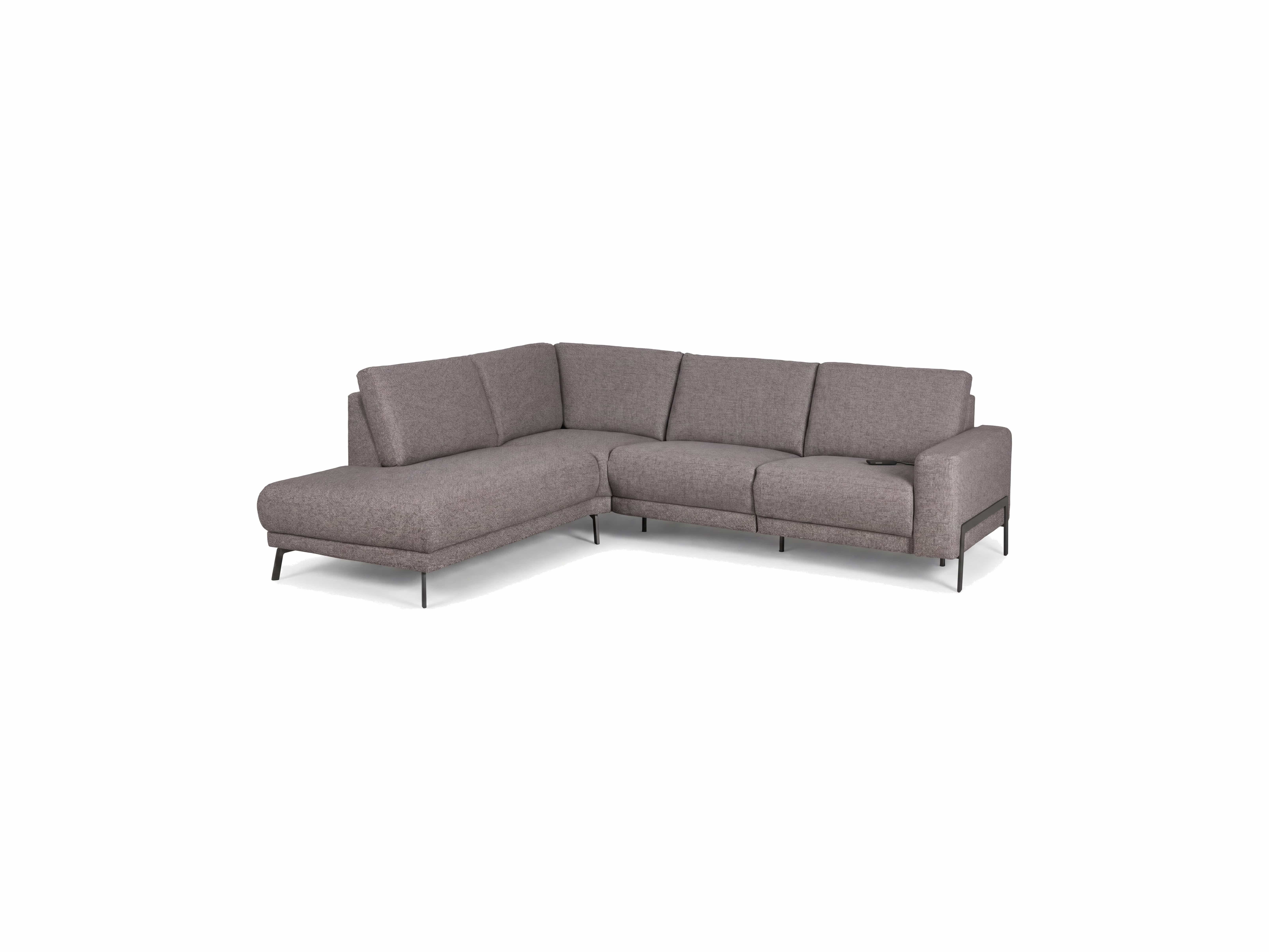 Ecksofa Cheb – grauer Bezug in L-Form mit Armlehne links und schlanken, schwarzen Metallfüßen