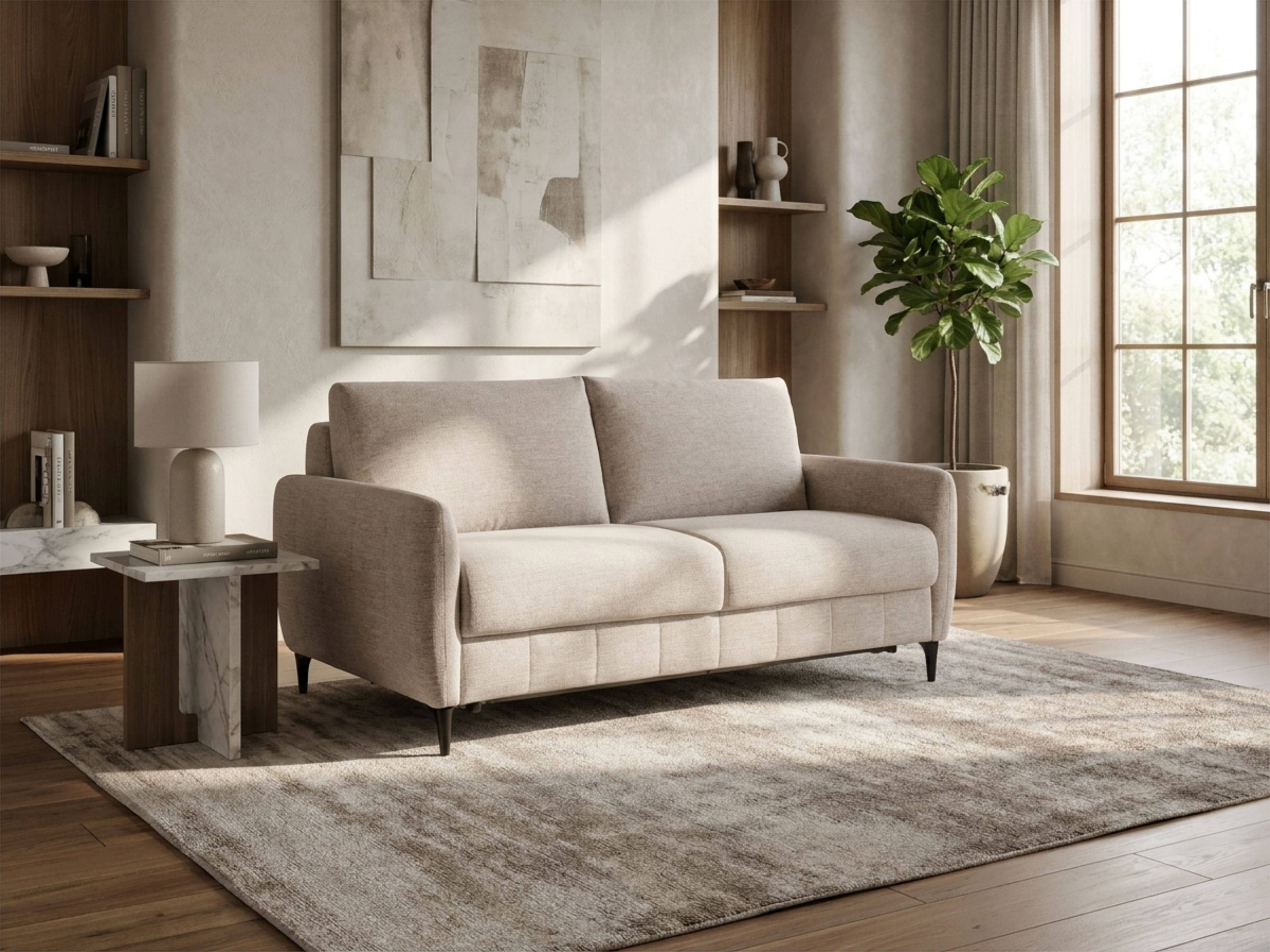 2-Sitzer Sofa mit beigem Stoffbezug, gepolsterte Sitz- und Rückenfläche, schmale Armlehnen, dunkle Füße