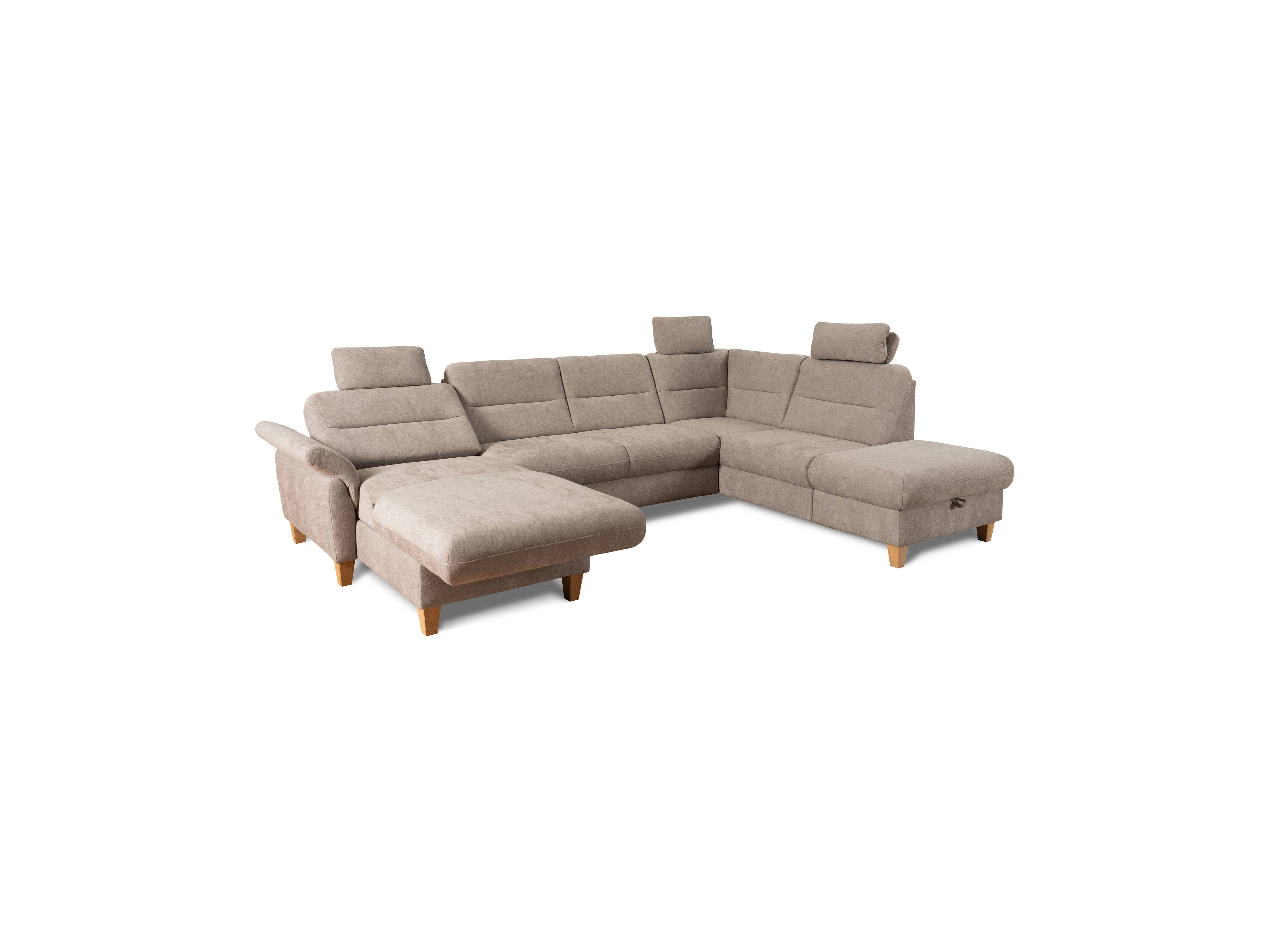Ecksofa mit Stoffbezug in Beige, verstellbaren Kopfstützen, Armlehnen und Holzfüßen