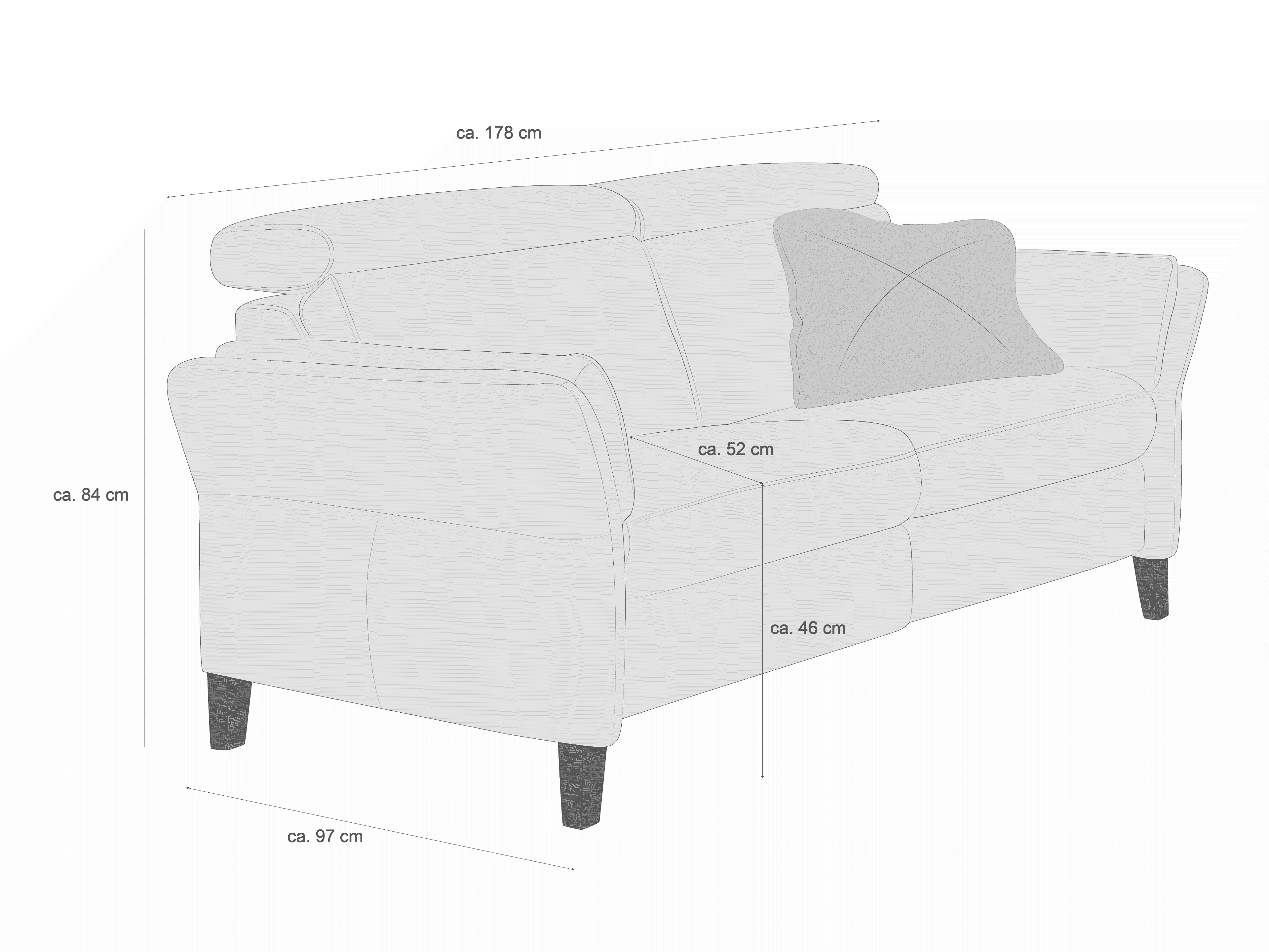 2-Sitzer Parila – Maßzeichnung mit Angaben zu Breite, Tiefe, Höhe und Sitzhöhe des Sofas